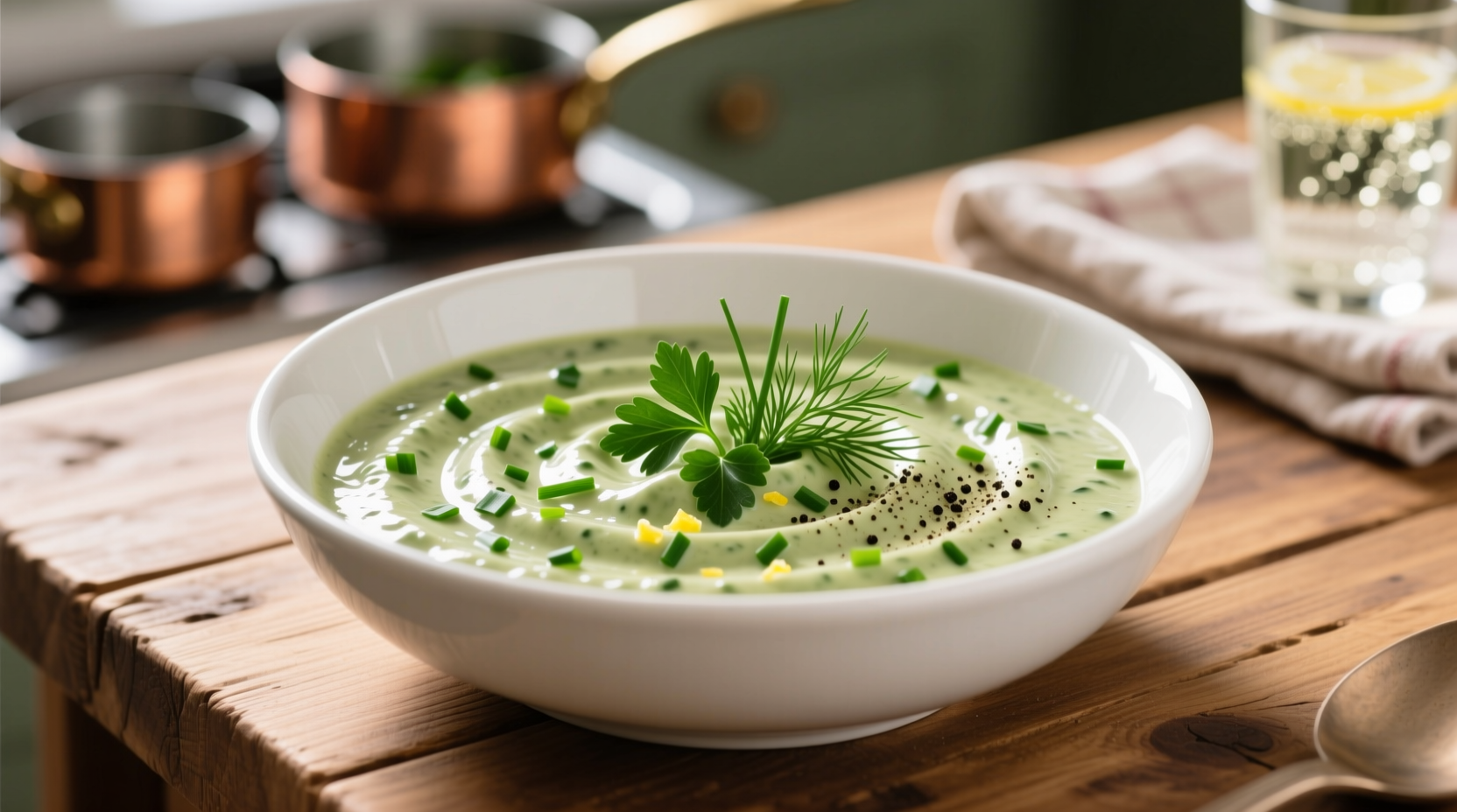 Creamy spinach sauce in white bowl with fresh herbs