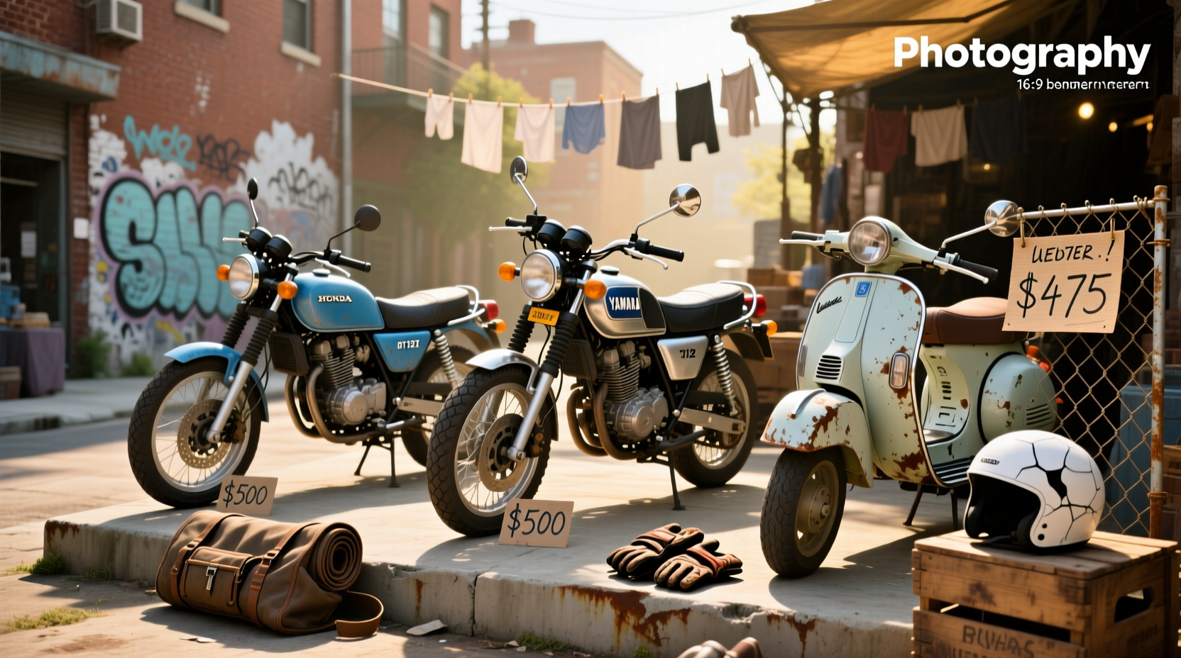 Row of inexpensive motorcycles priced under $500 displayed on a sales lot