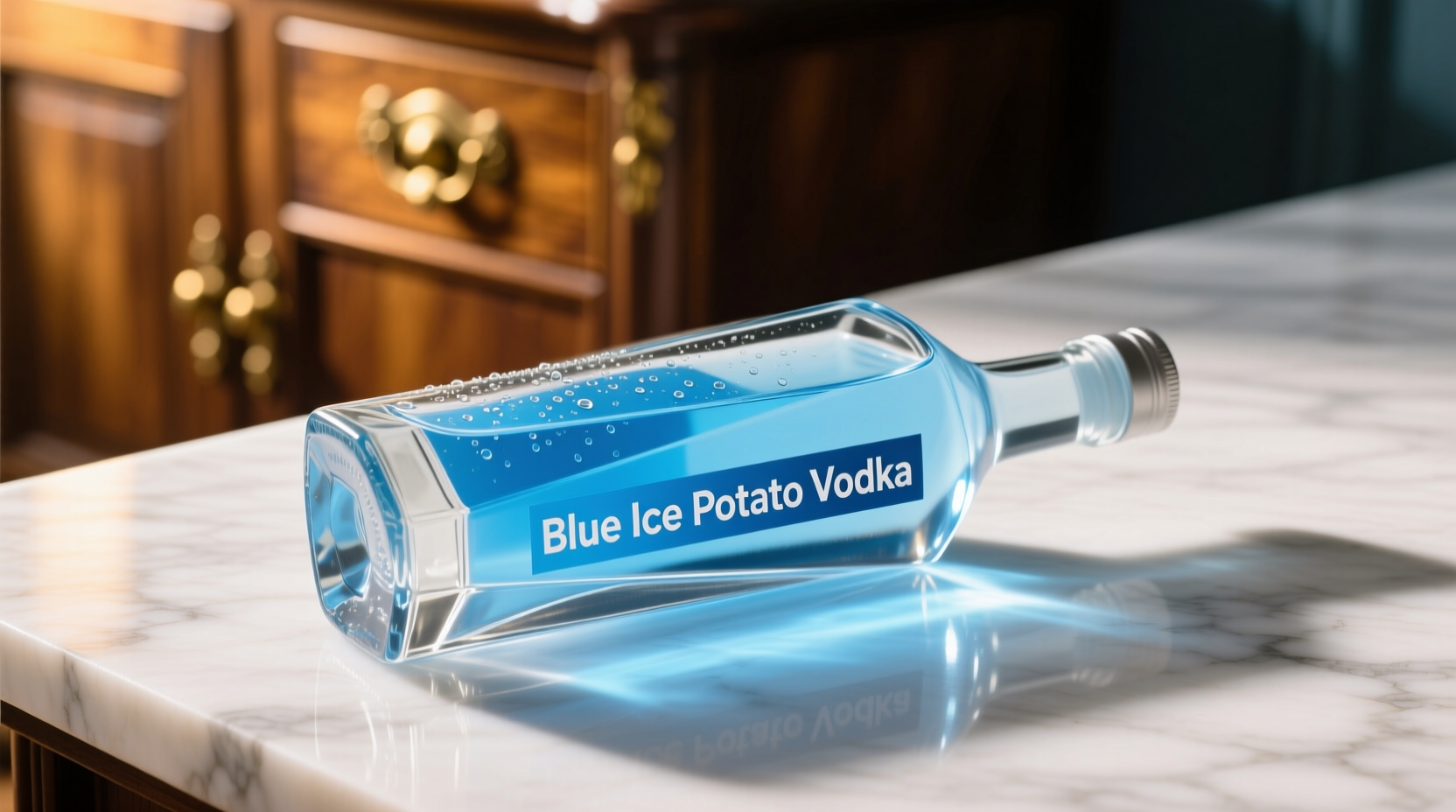 Blue Ice Potato Vodka bottle on marble surface