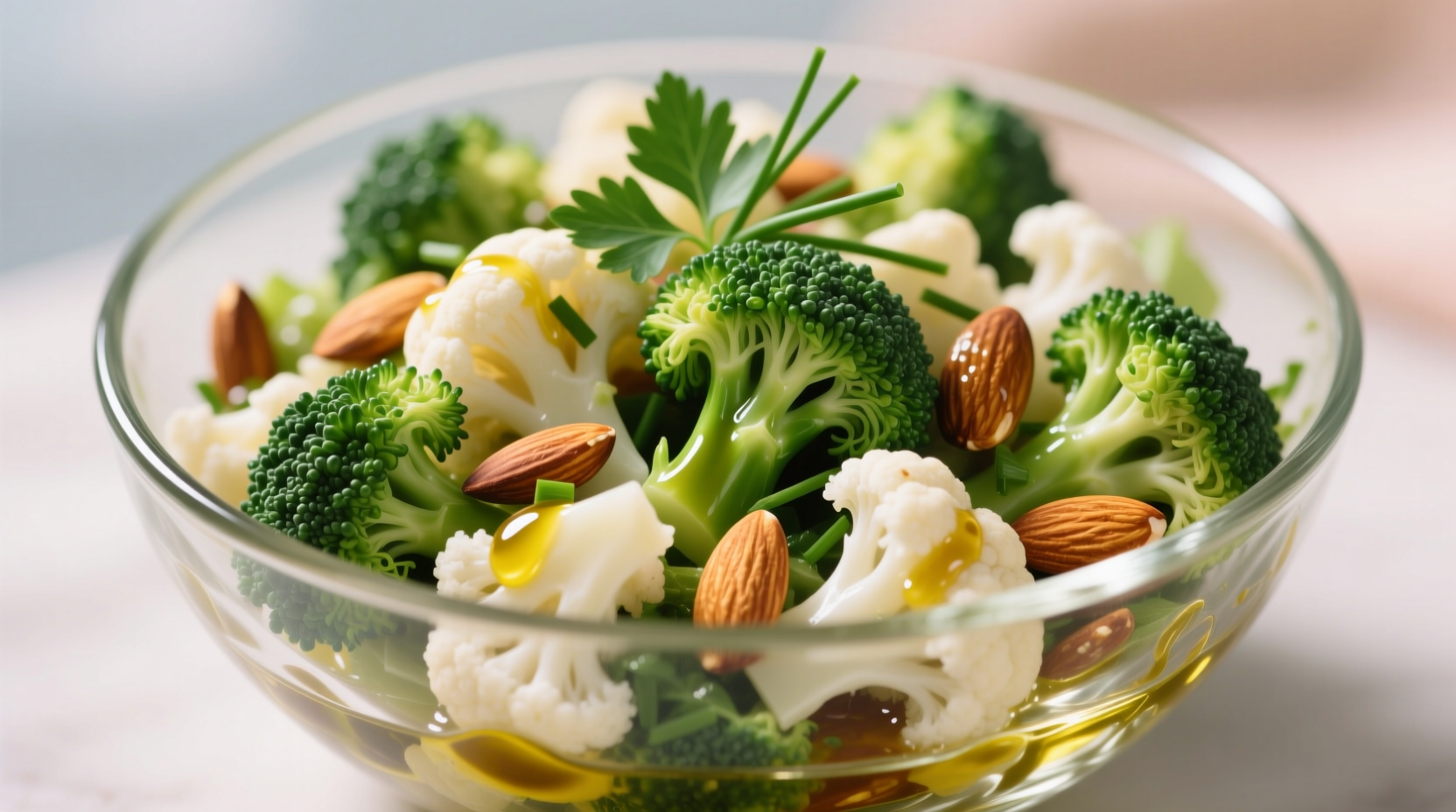 Colorful broccoli cauliflower salad with almonds in glass bowl