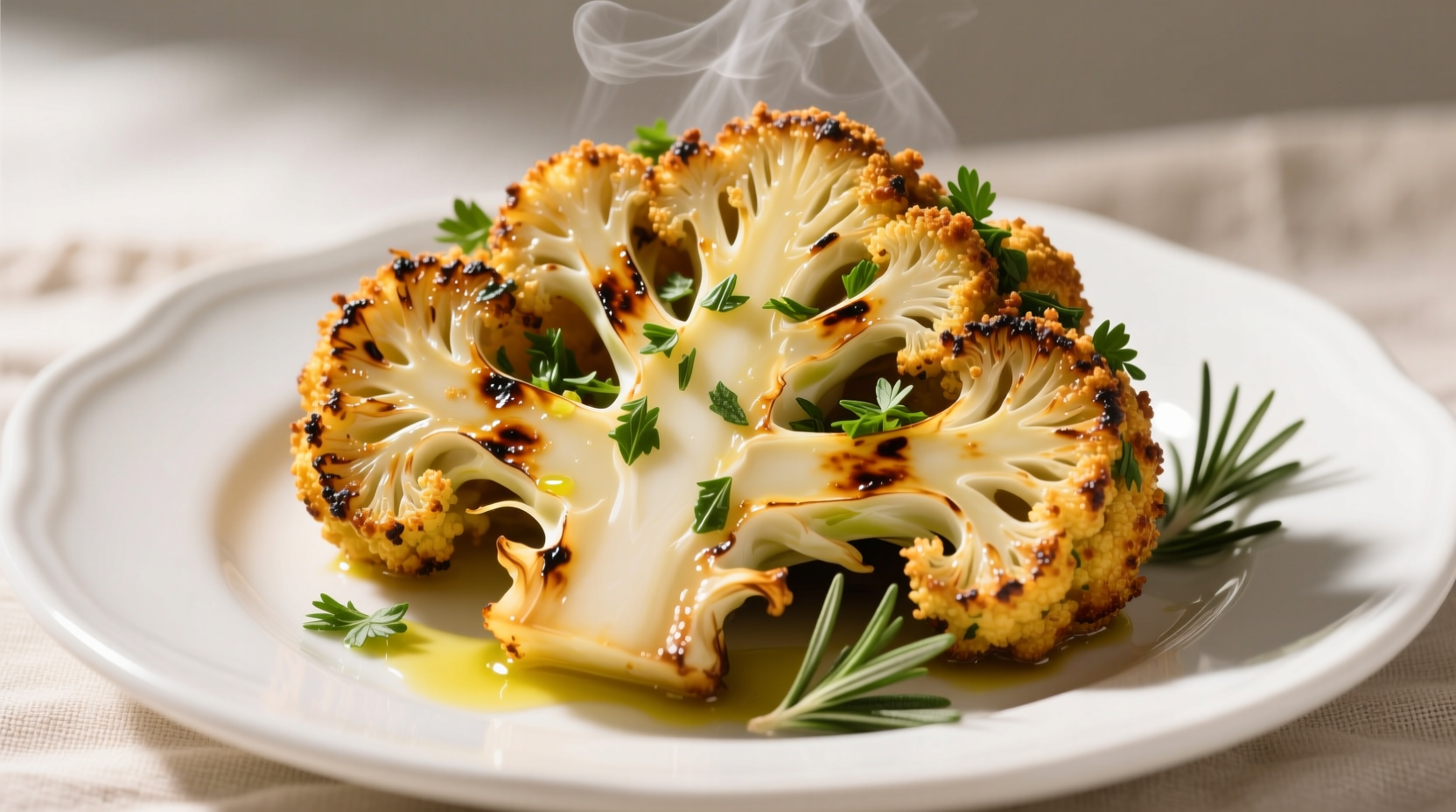 Golden roasted cauliflower with herb crust on white plate