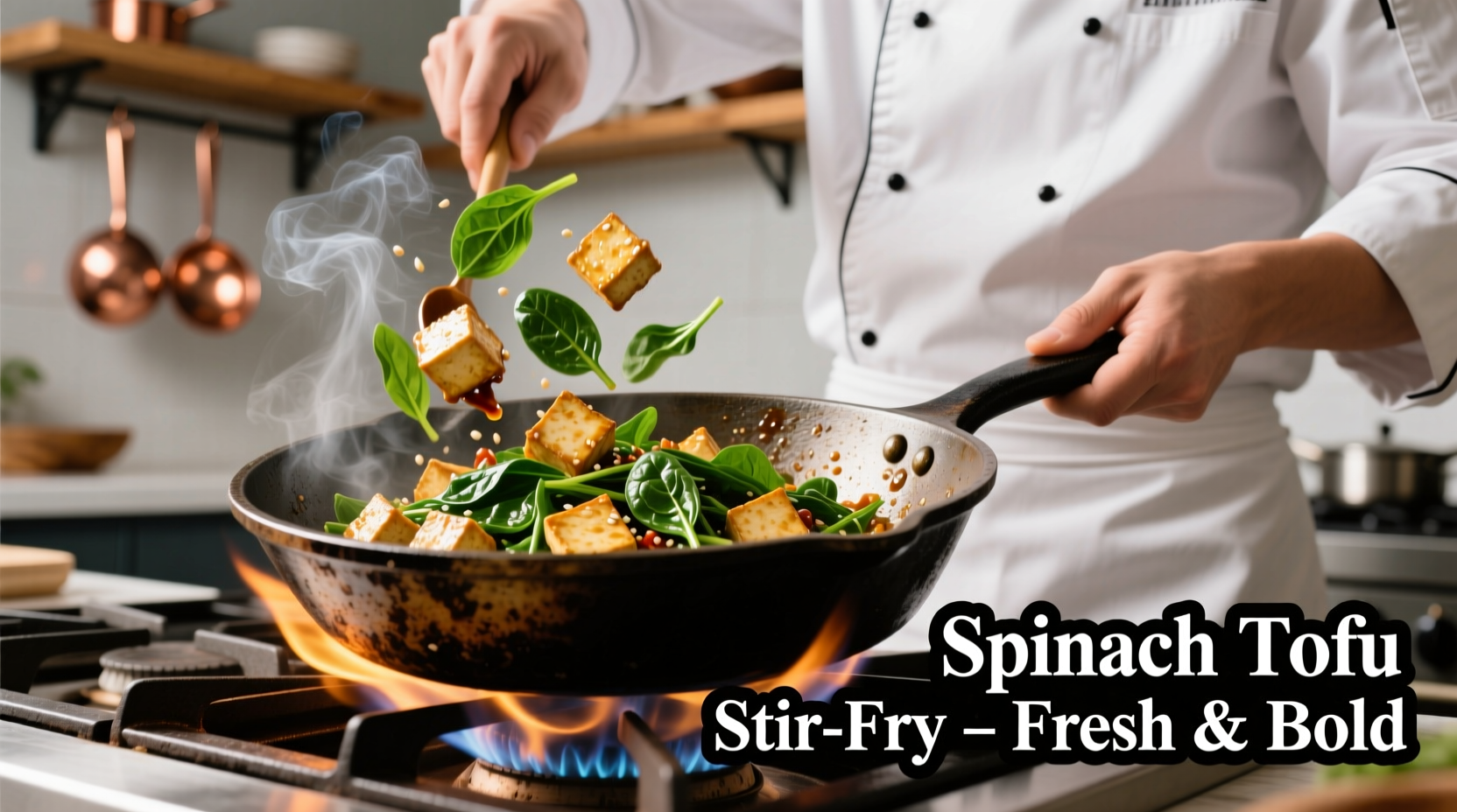 Chef preparing spinach tofu stir-fry in cast iron skillet