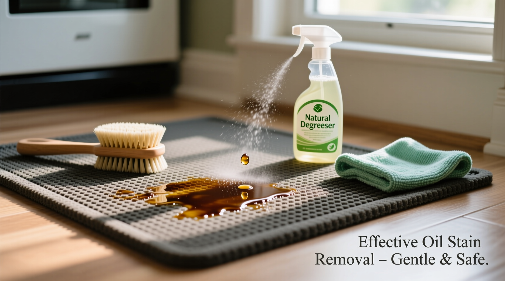 effective methods to remove oil stains from kitchen floor mats without damage