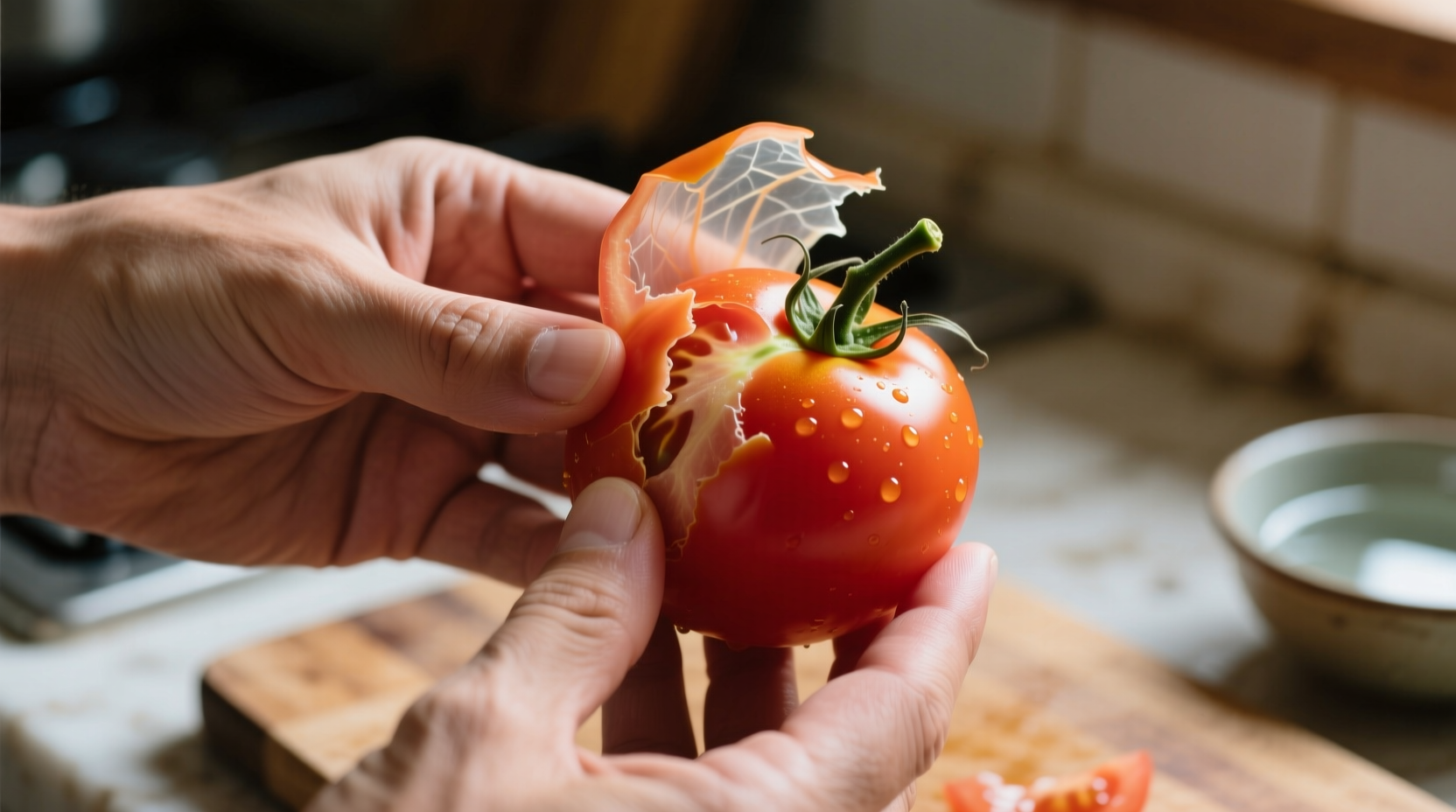 Hand peeling tomato after blanching process