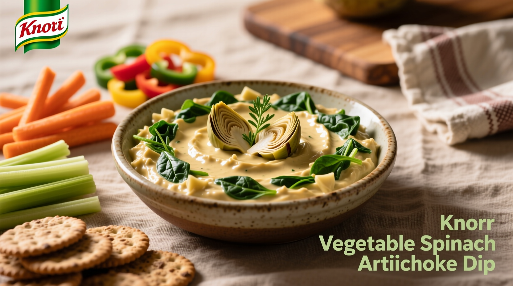 Knorr vegetable spinach artichoke dip served with assorted dippers