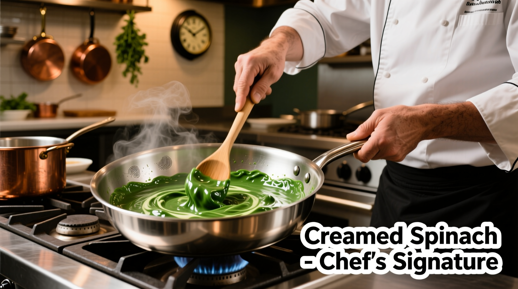 Chef stirring creamed spinach in stainless steel pan