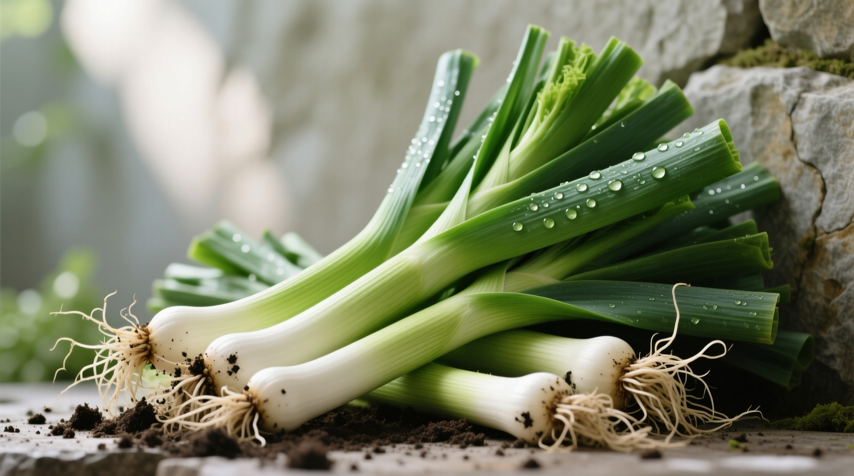 Fresh leeks with roots and green tops