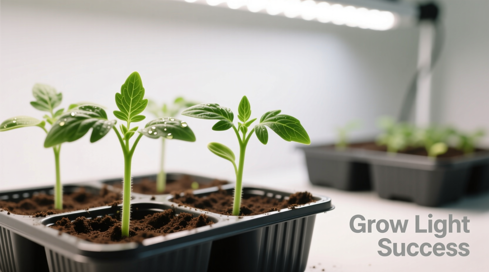 Healthy tomato seedlings in starter trays with grow lights