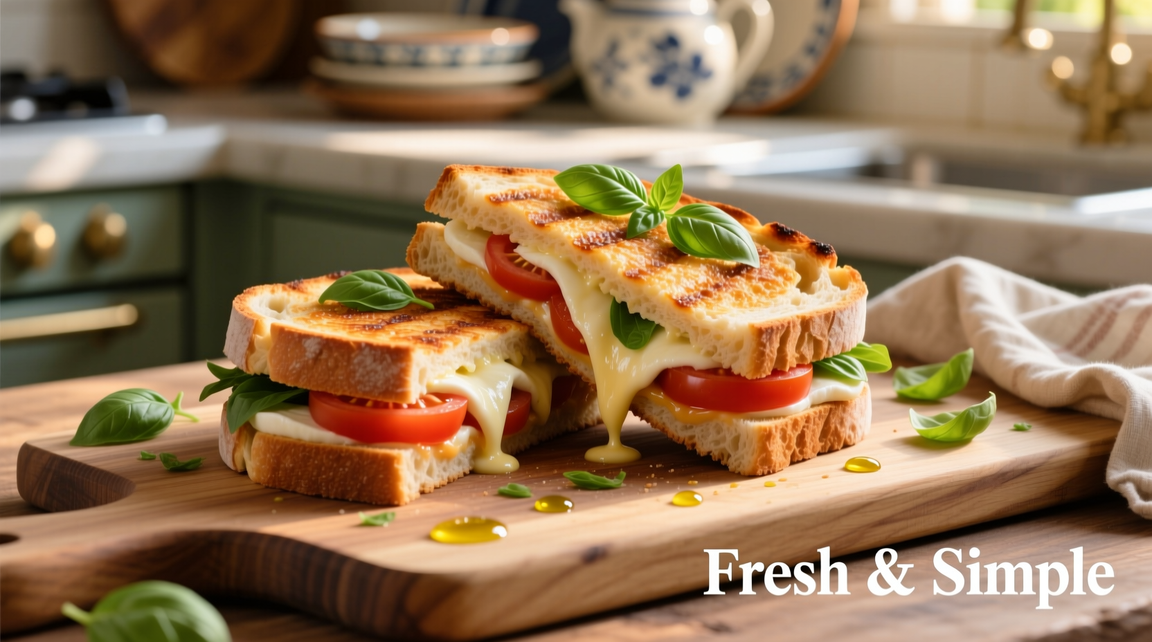 Fresh tomato and mozzarella panini with basil garnish