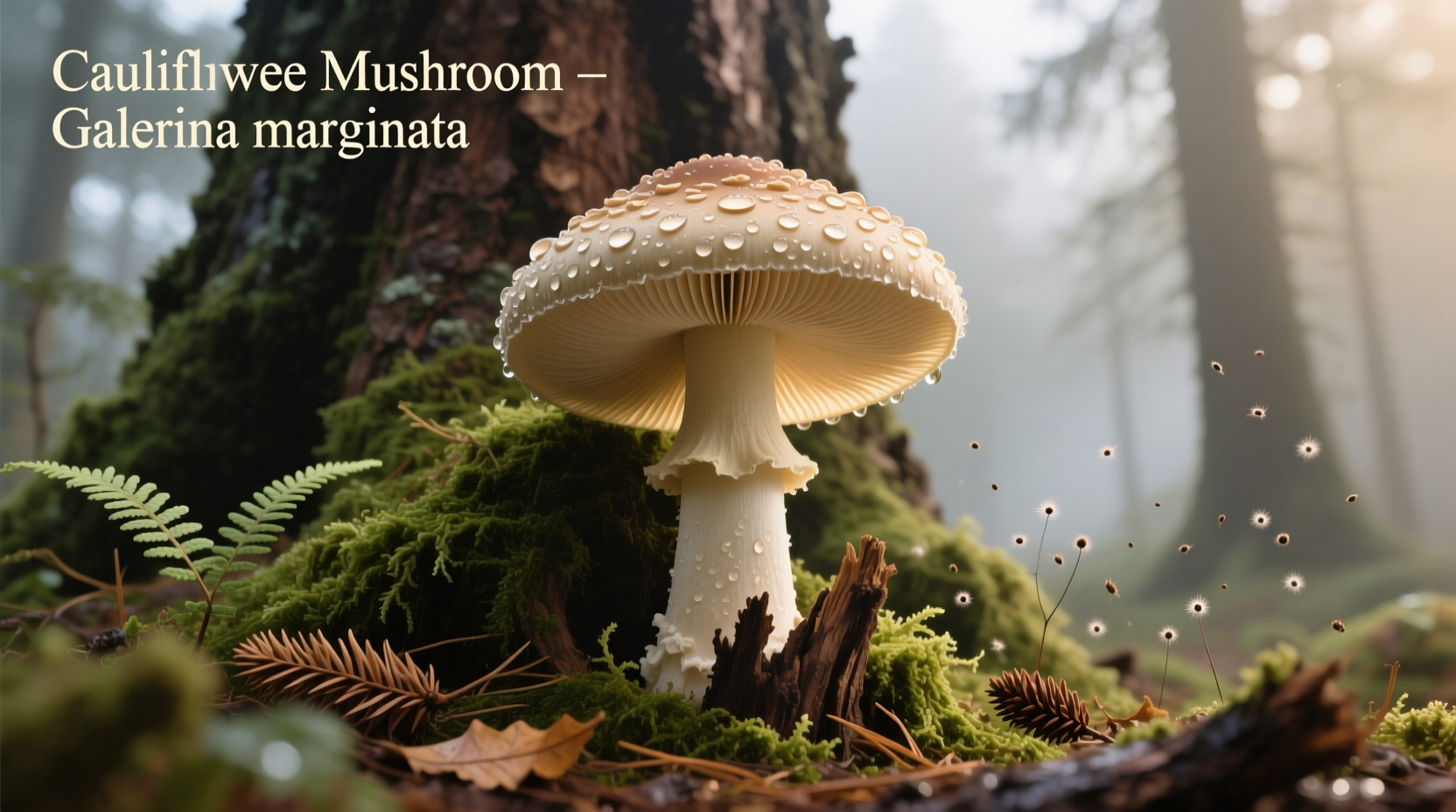 Fresh cauliflower mushroom growing at base of pine tree