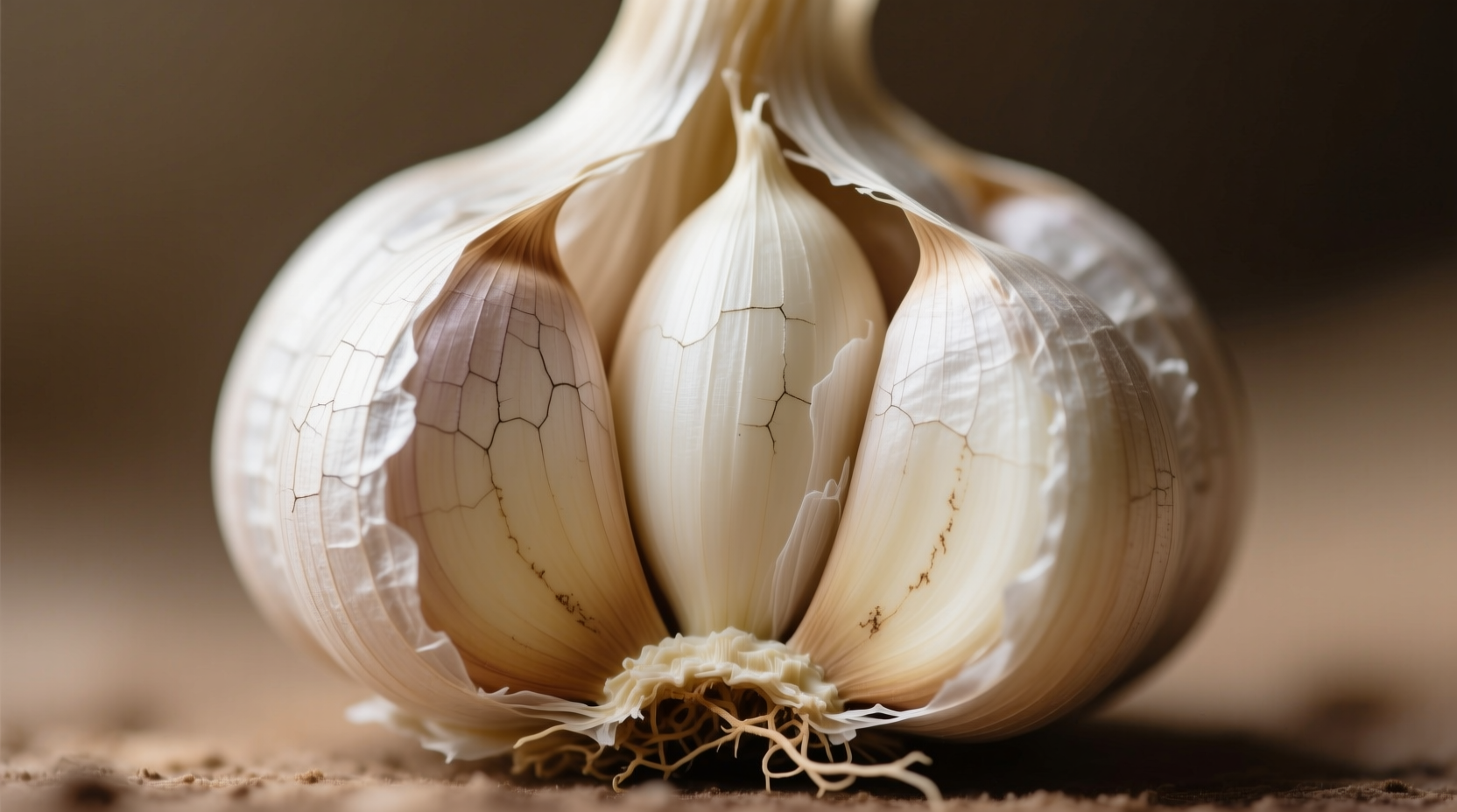 Close-up of garlic bulbs showing papery skin and cloves