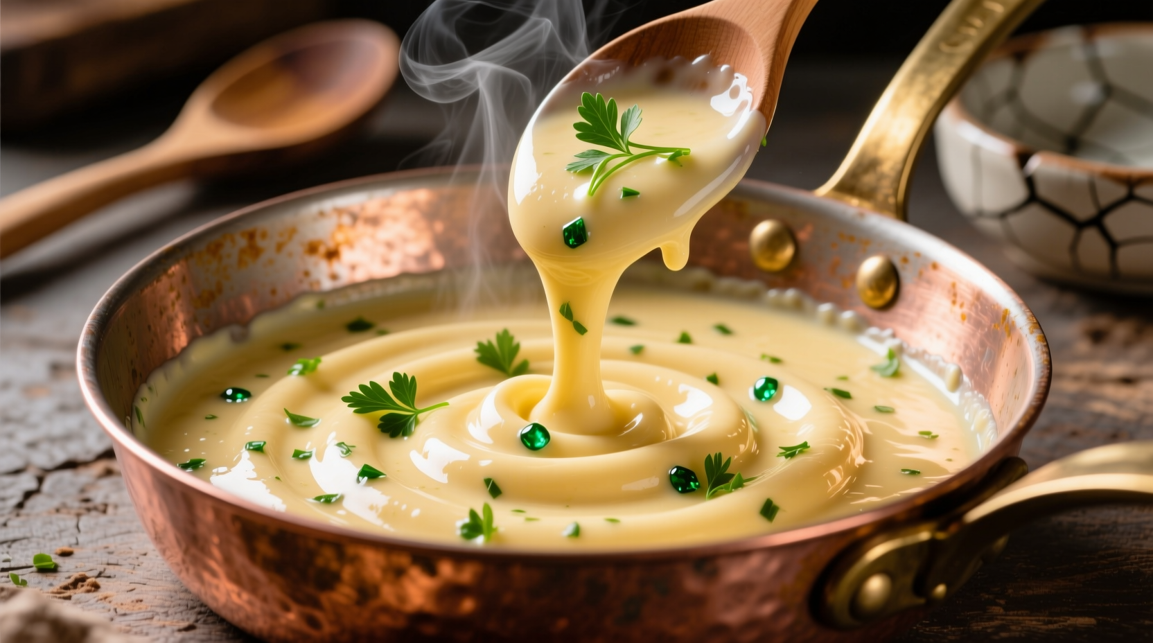 Creamy garlic butter sauce in copper pan with fresh parsley
