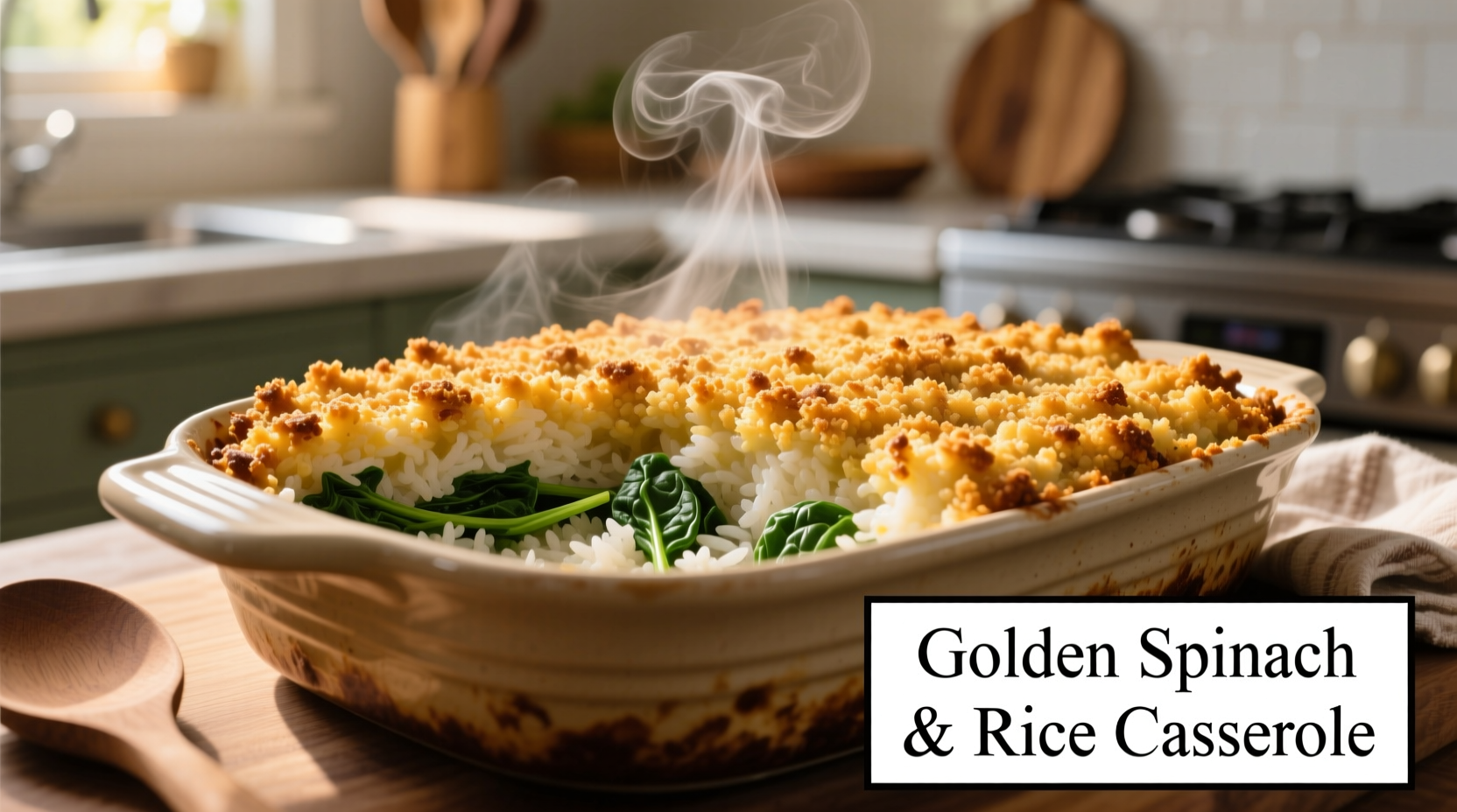 Golden baked spinach and rice casserole with crispy breadcrumb topping
