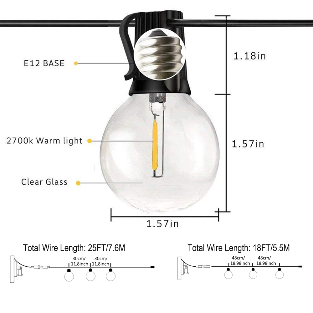 25FT G40 Ip65 Outdoor Waterproof Commercial Led Solar String Lights 4 Modes for Party Patio Garden Wedding Xmas Decoration