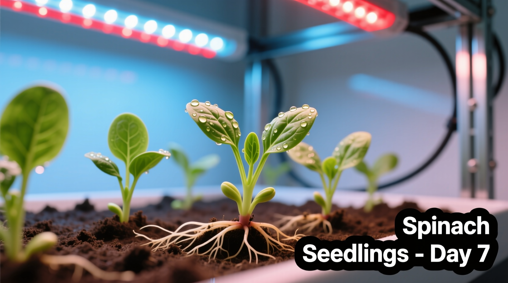 Spinach seedlings growing under LED lights