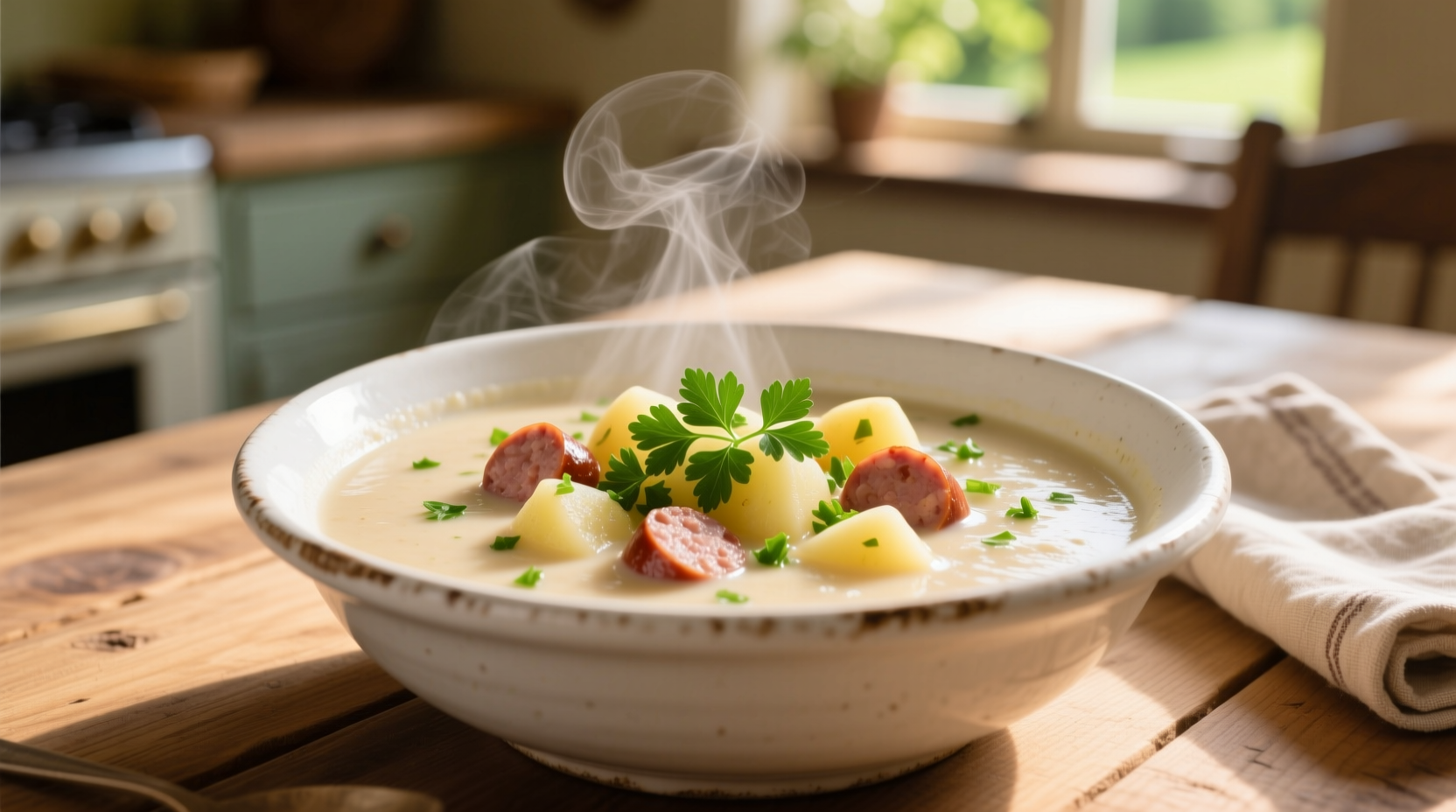 Creamy sausage potato soup in white bowl with fresh parsley