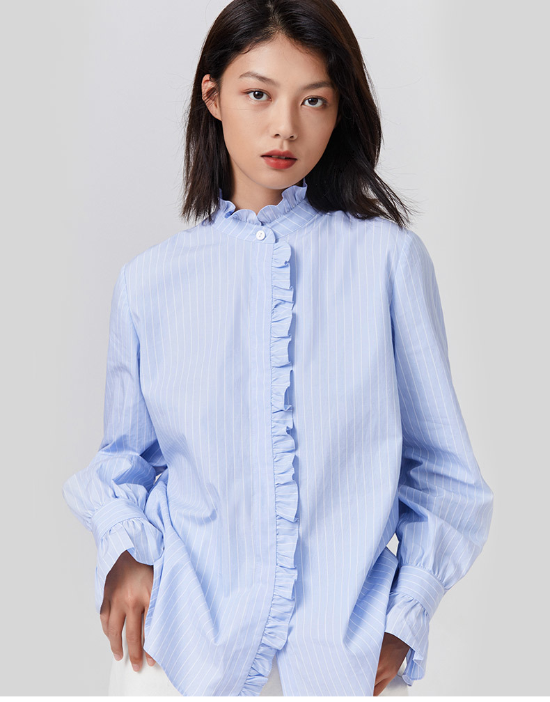 naivee秋季复古设计感荷叶边长袖泡泡袖蓝色女士衬衫上衣女式衬衫 - b