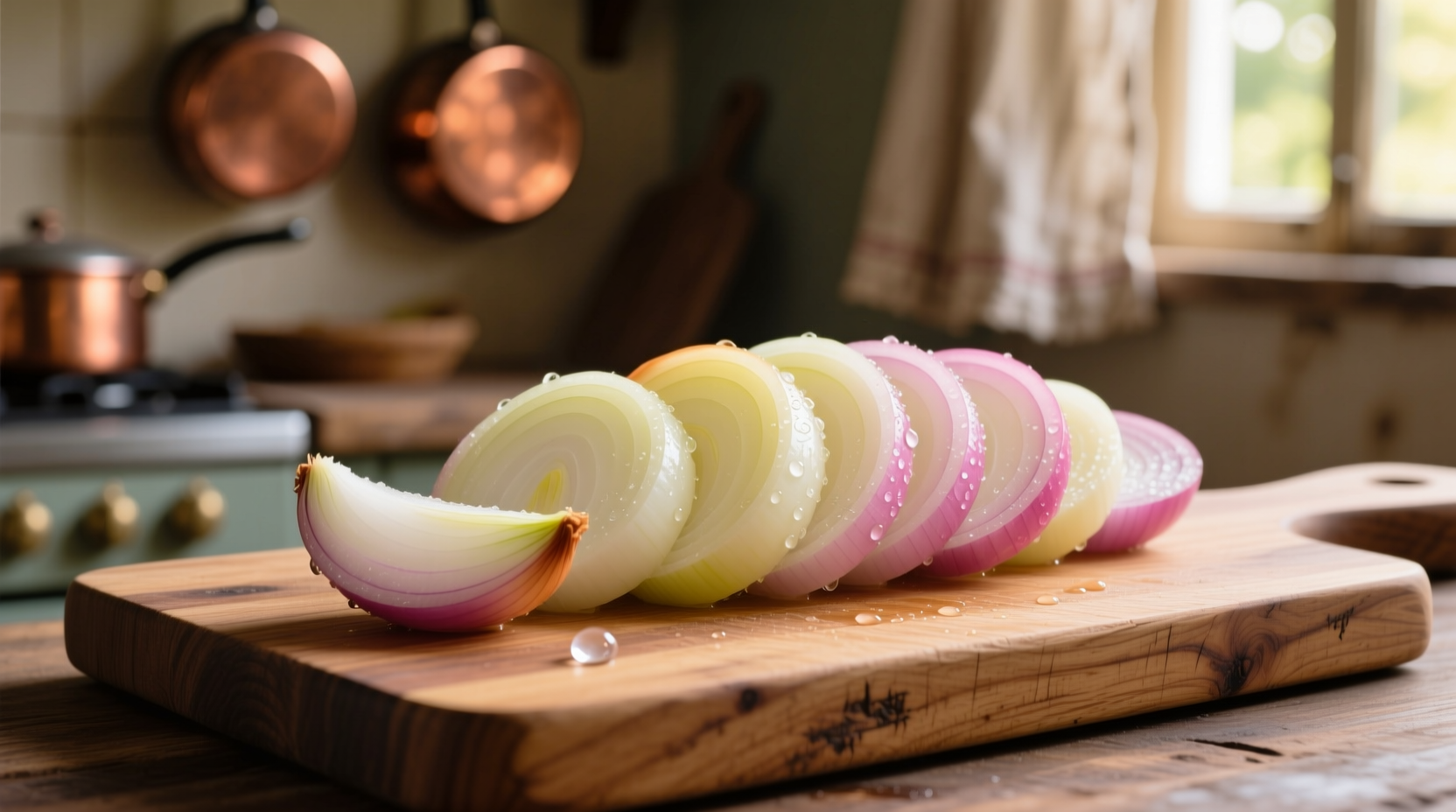 Fresh mild onions arranged on wooden cutting board