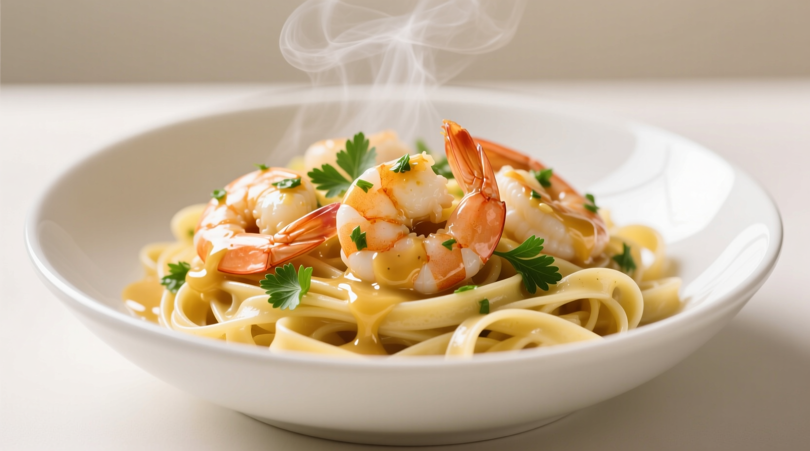 Perfectly cooked garlic butter shrimp pasta in white bowl