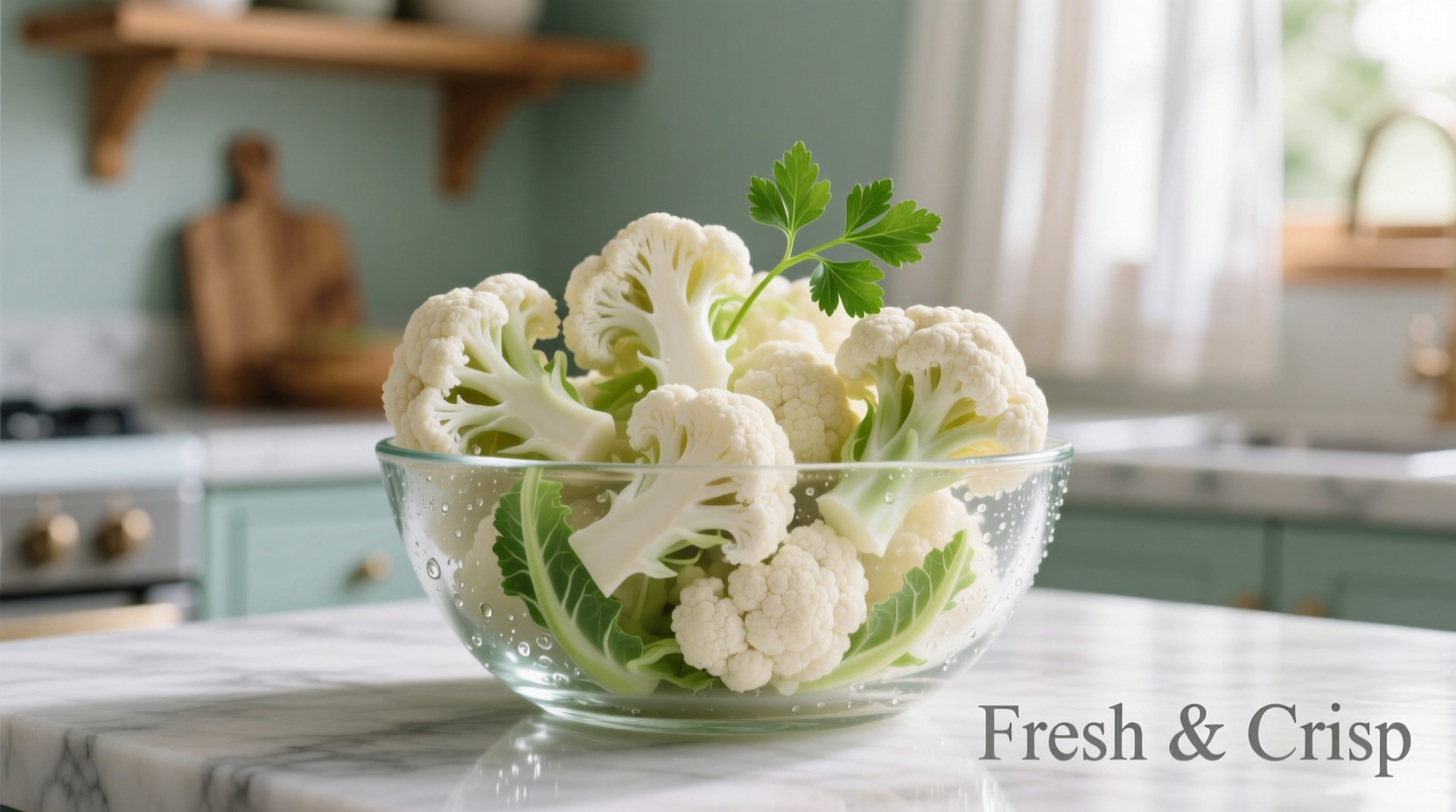 Fresh chopped cauliflower florets in glass bowl