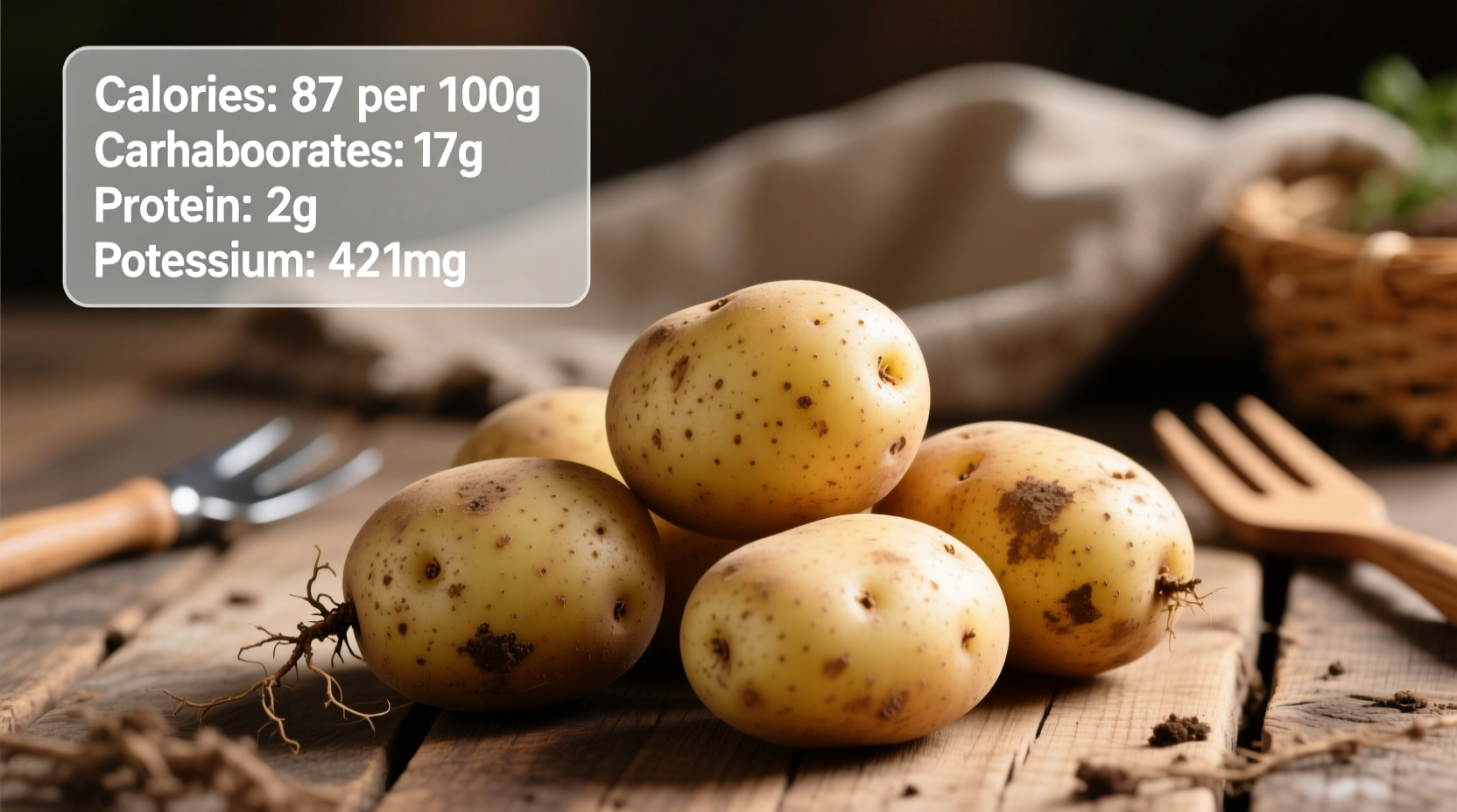 Fresh potatoes with skin showing nutritional values