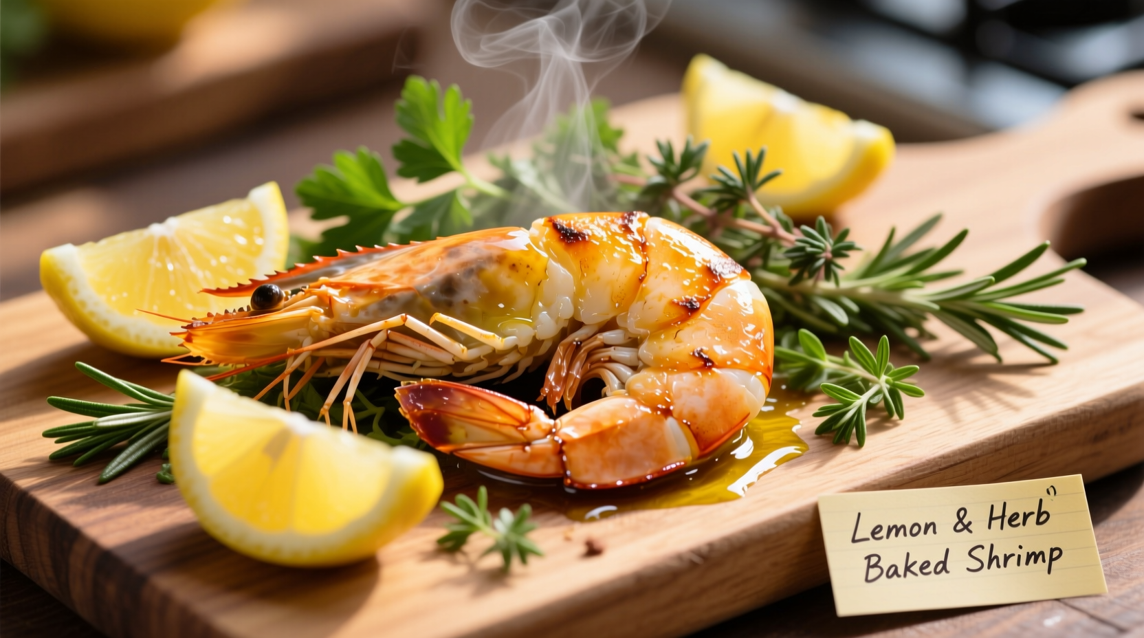 Perfectly cooked oven-baked shrimp with lemon and herbs