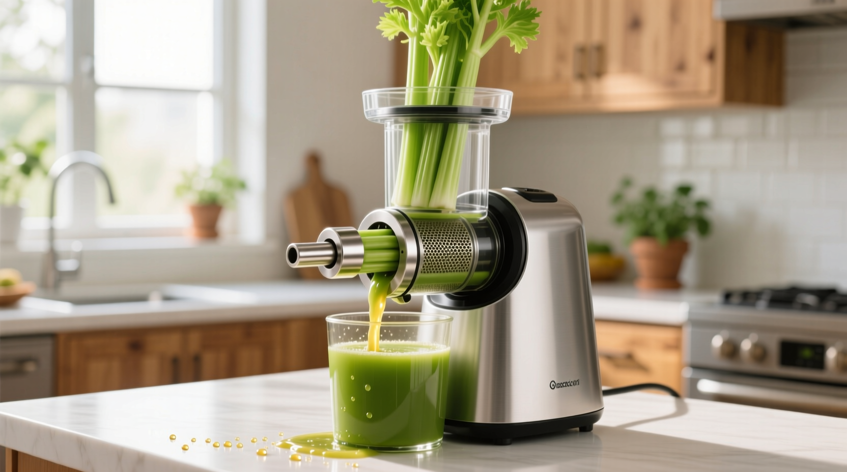 Fresh celery stalks being juiced in a masticating juicer
