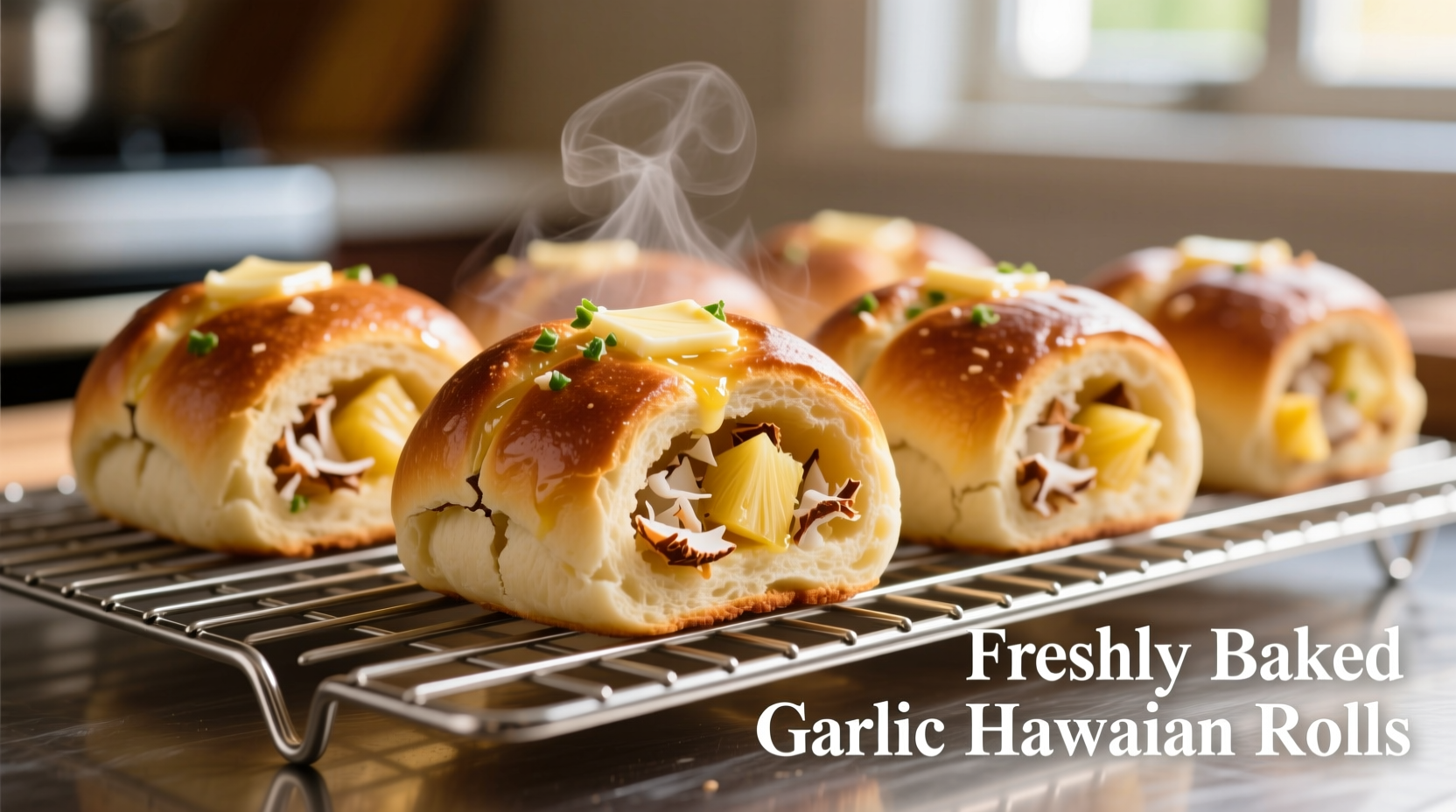 Freshly baked garlic Hawaiian rolls on cooling rack