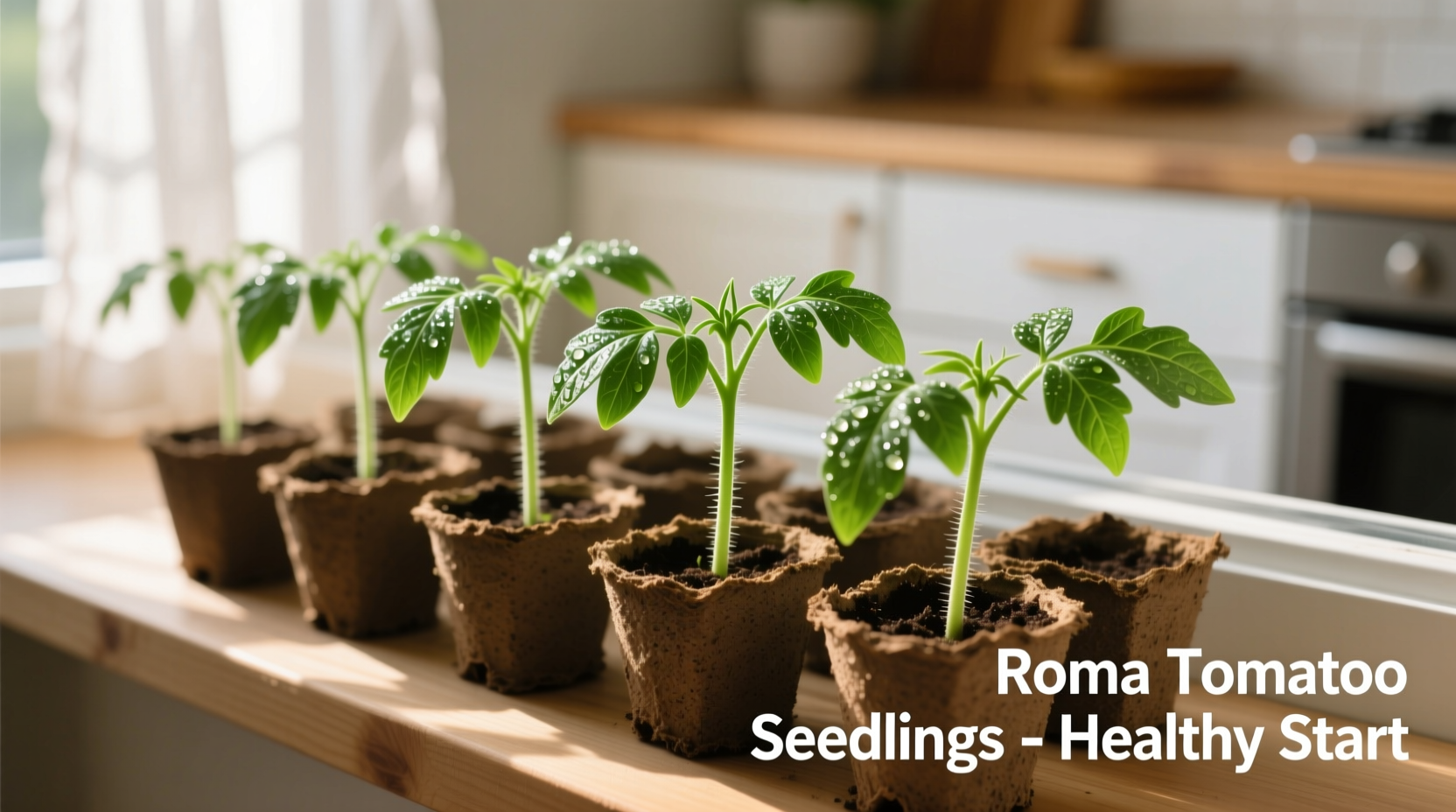 Roma tomato seedlings in starter pots with healthy green growth