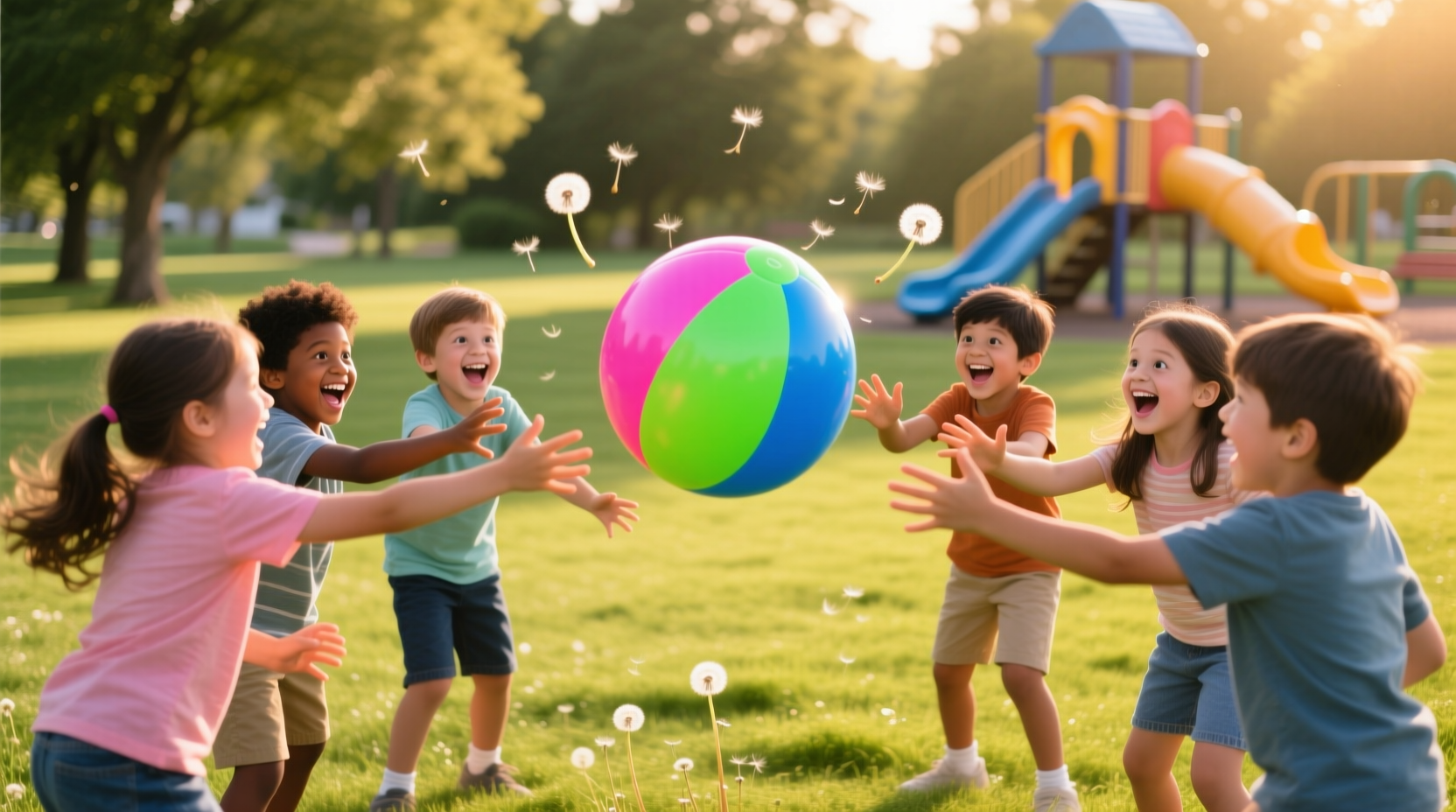 Children playing the hot potato game with colorful ball