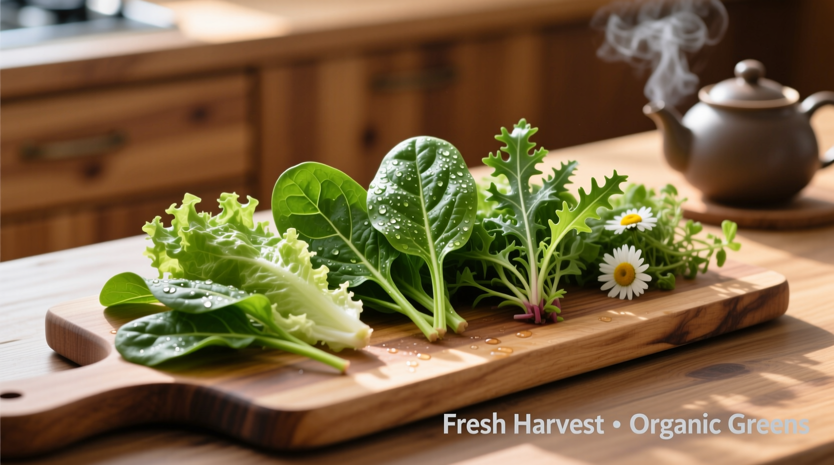 Fresh Asian spinach varieties on wooden cutting board