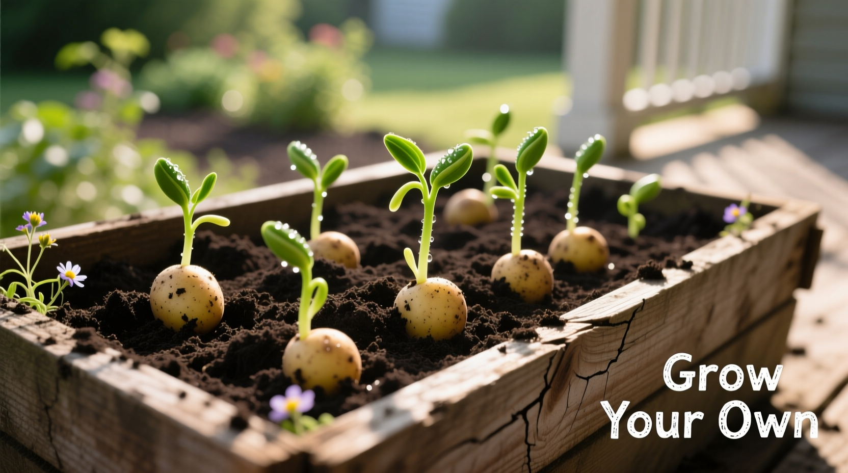 Properly filled potato planter with emerging green shoots