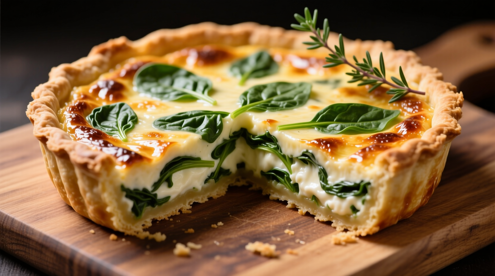 Perfectly baked spinach ricotta quiche with golden crust