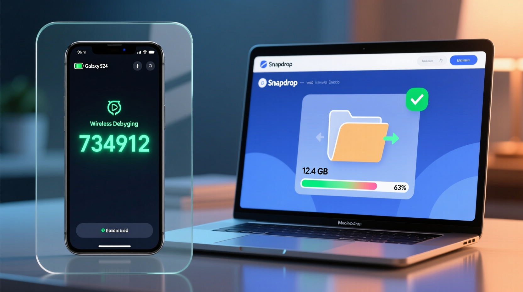 Side-by-side visual: left panel shows Android screen with Wireless Debugging enabled and pairing code displayed; right panel shows Snapdrop interface on laptop with 12.4 GB video folder dragging into upload zone, progress bar at 63%, verified checksum icon visible