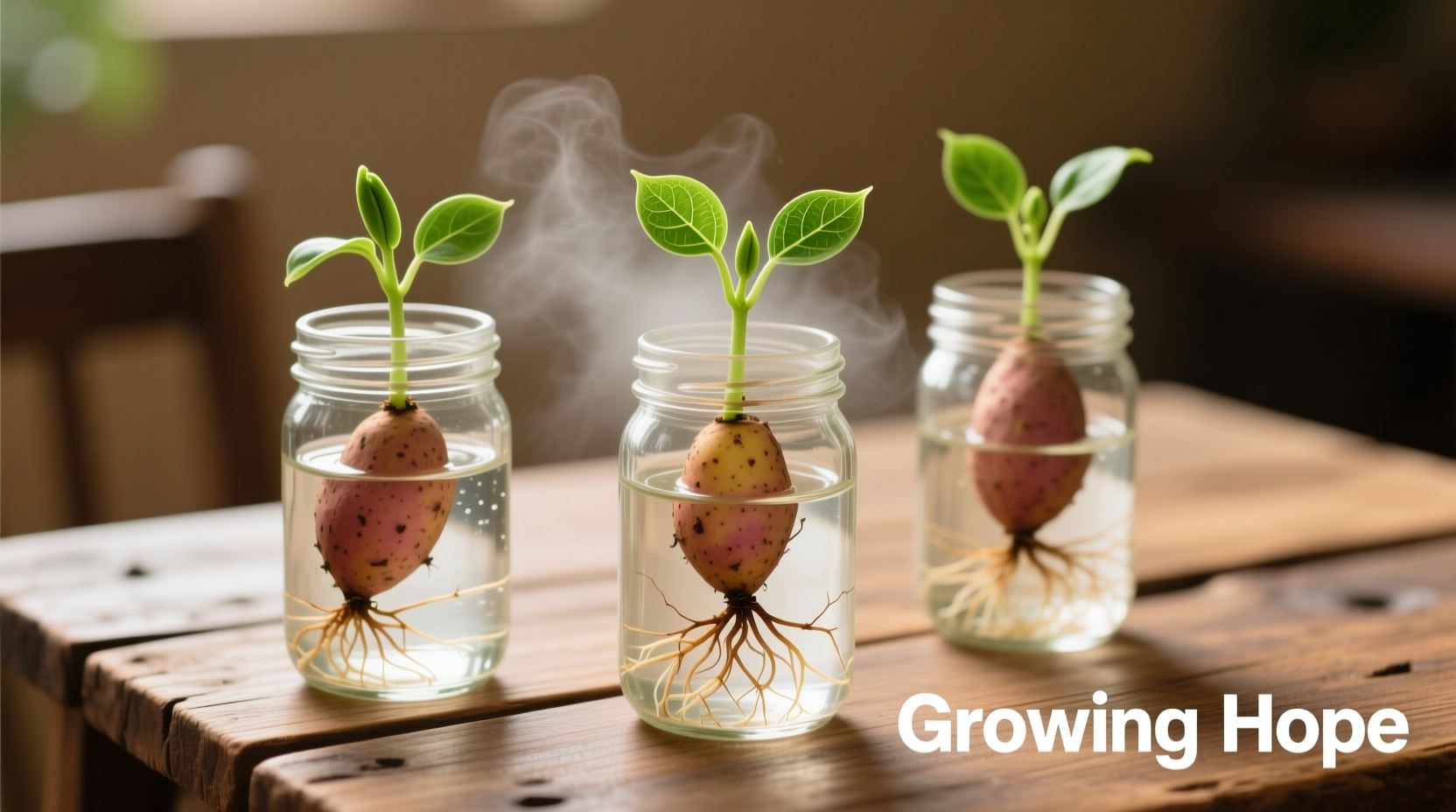 Sweet potato slips growing in water jars