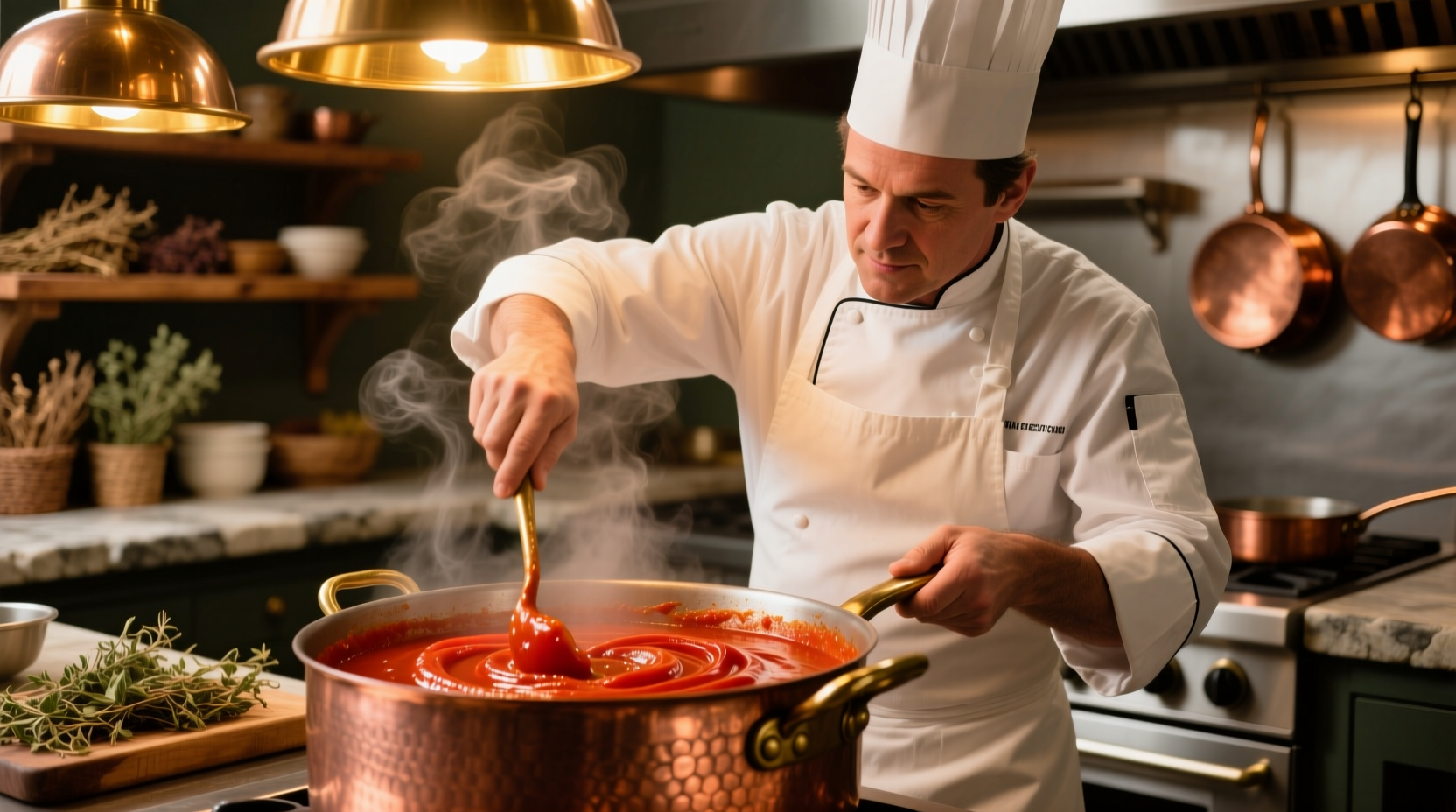 Chef adjusting tomato sauce consistency in copper pot