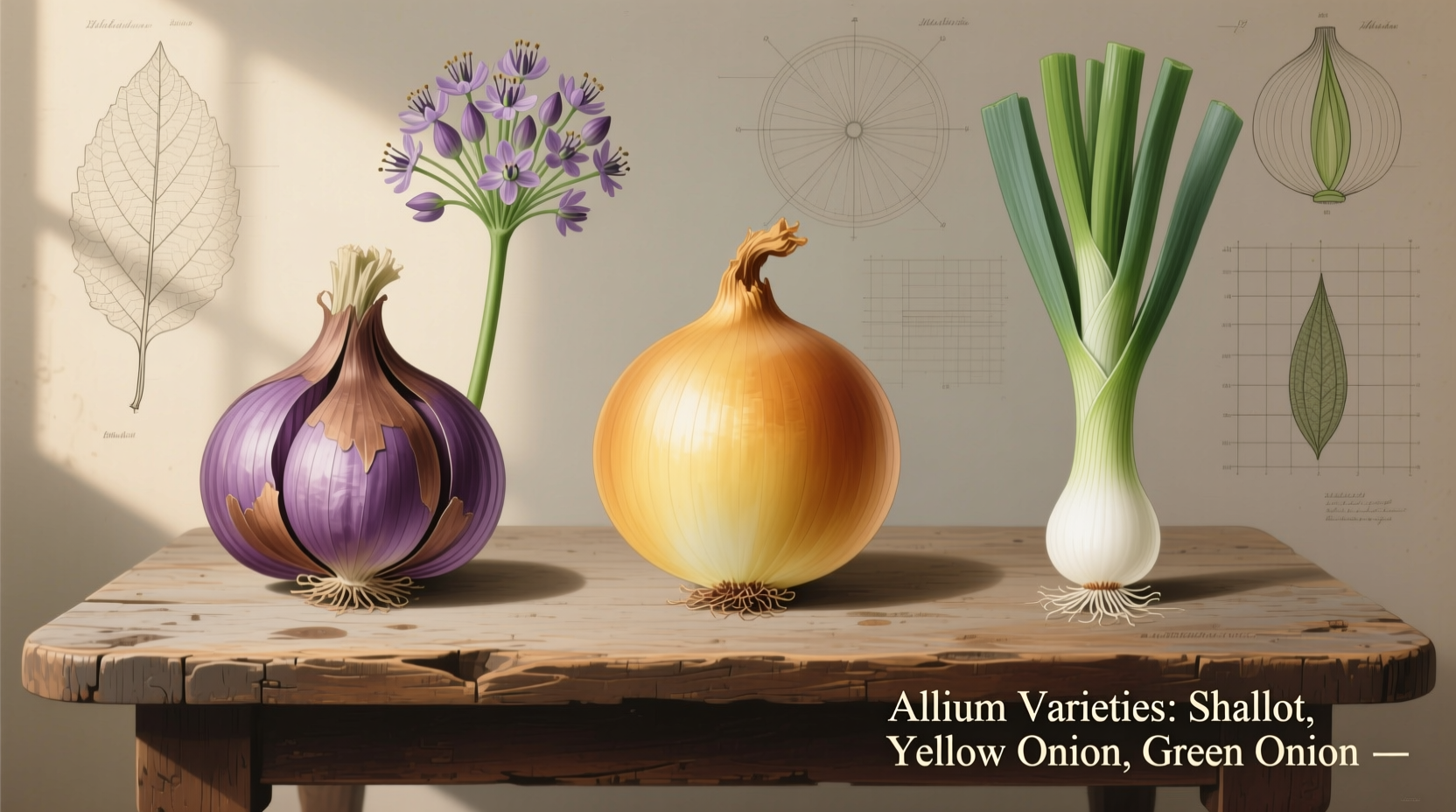 Three allium varieties: shallot, yellow onion, and green onion
