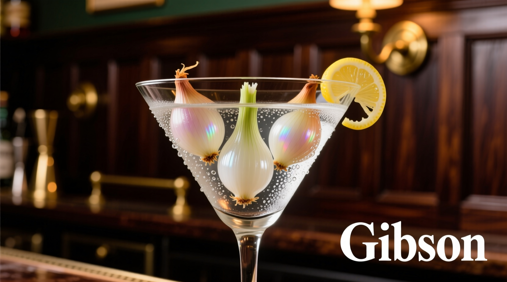 Classic Gibson cocktail in a chilled martini glass with pearl onions