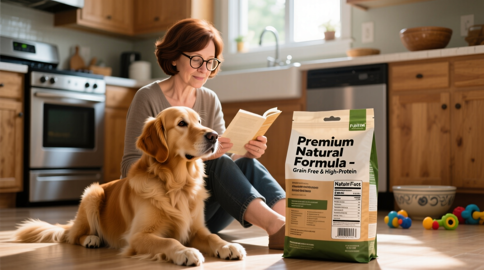 Dog owner reading dog food label carefully