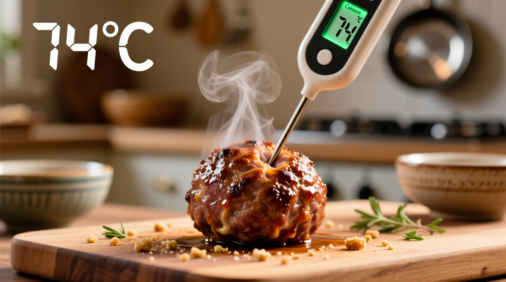 Digital thermometer checking meatball internal temperature