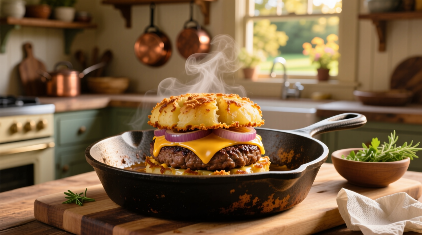 Homemade potato hamburger helper in cast iron skillet
