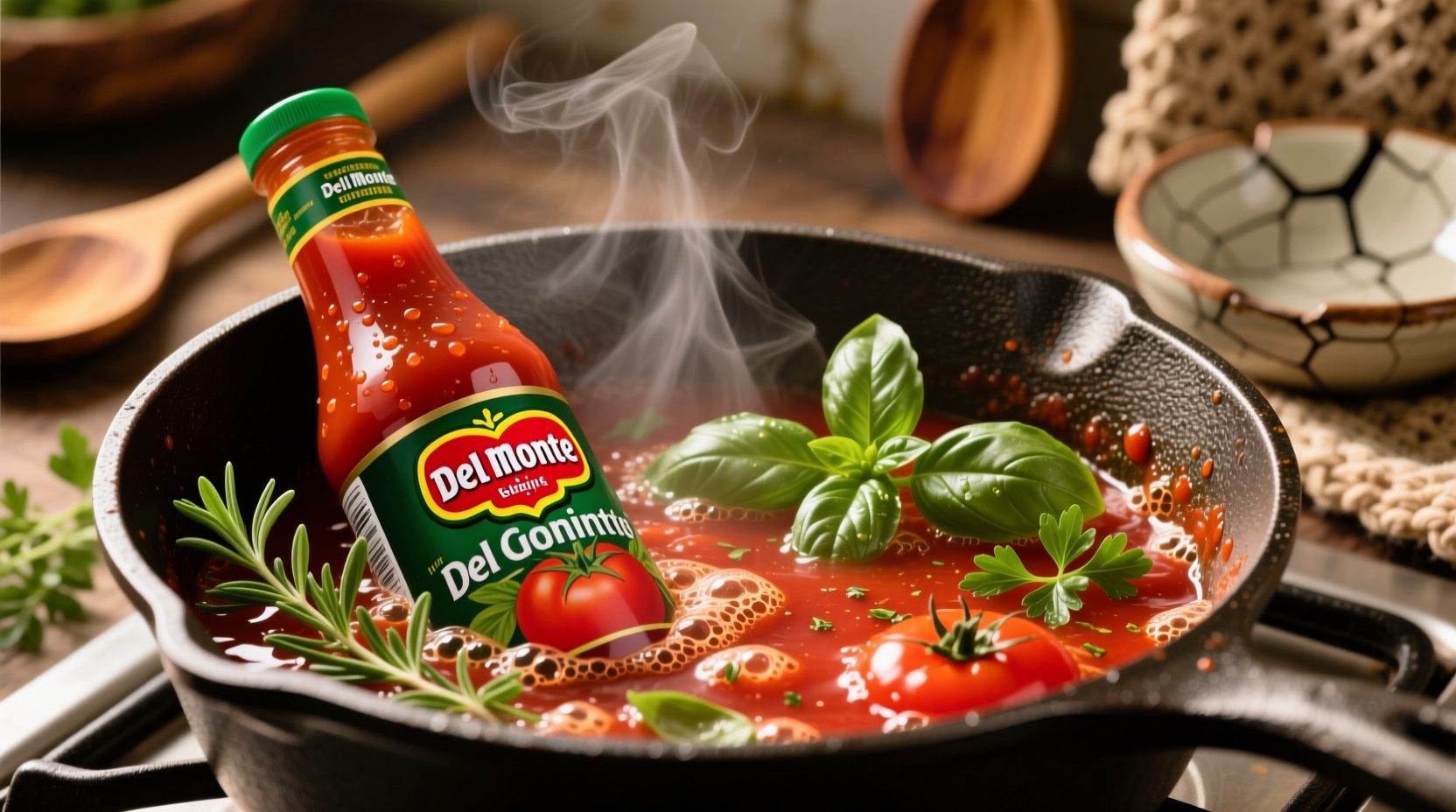 Del Monte tomato sauce in cooking pot with fresh herbs