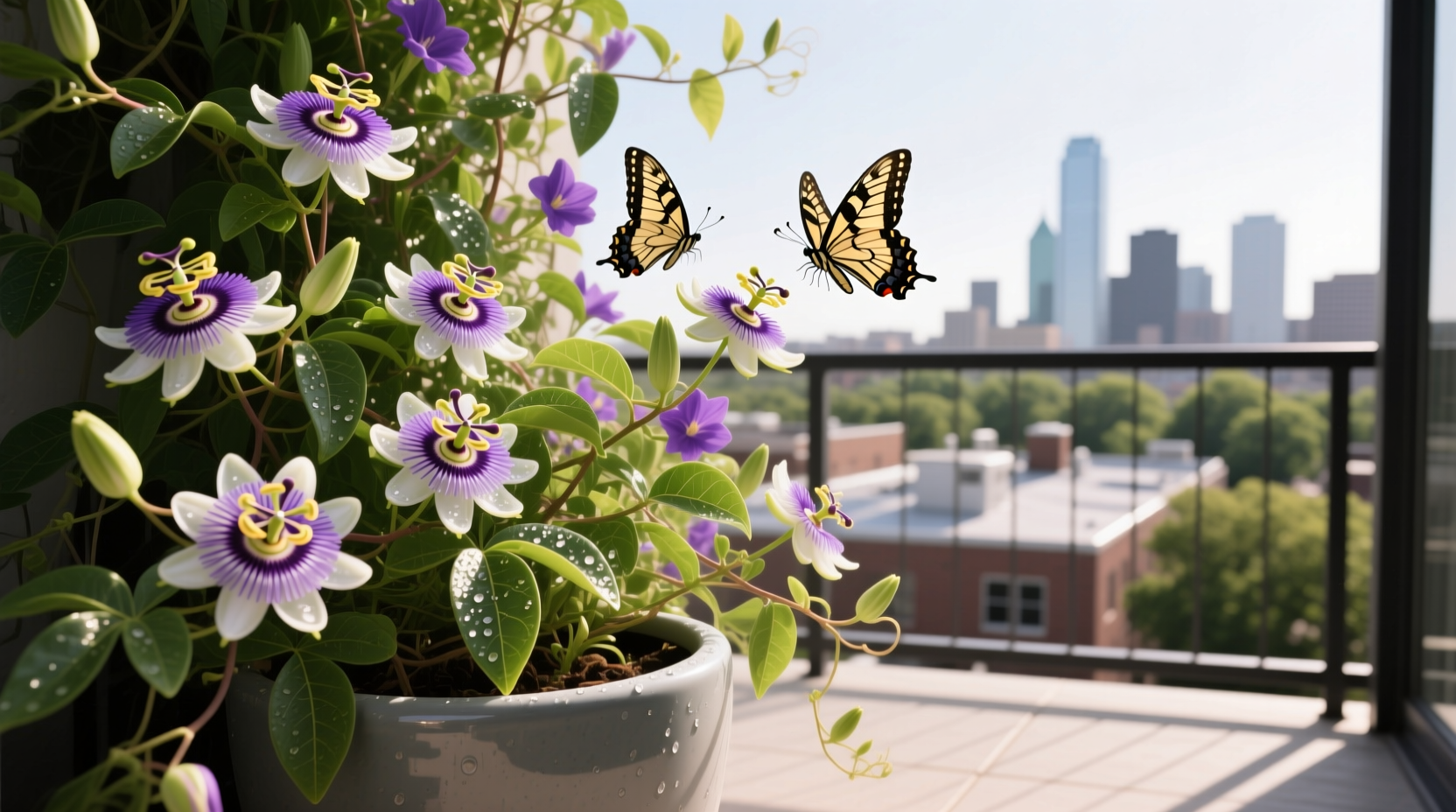 Dallas balcony butterfly garden with passionvine in container