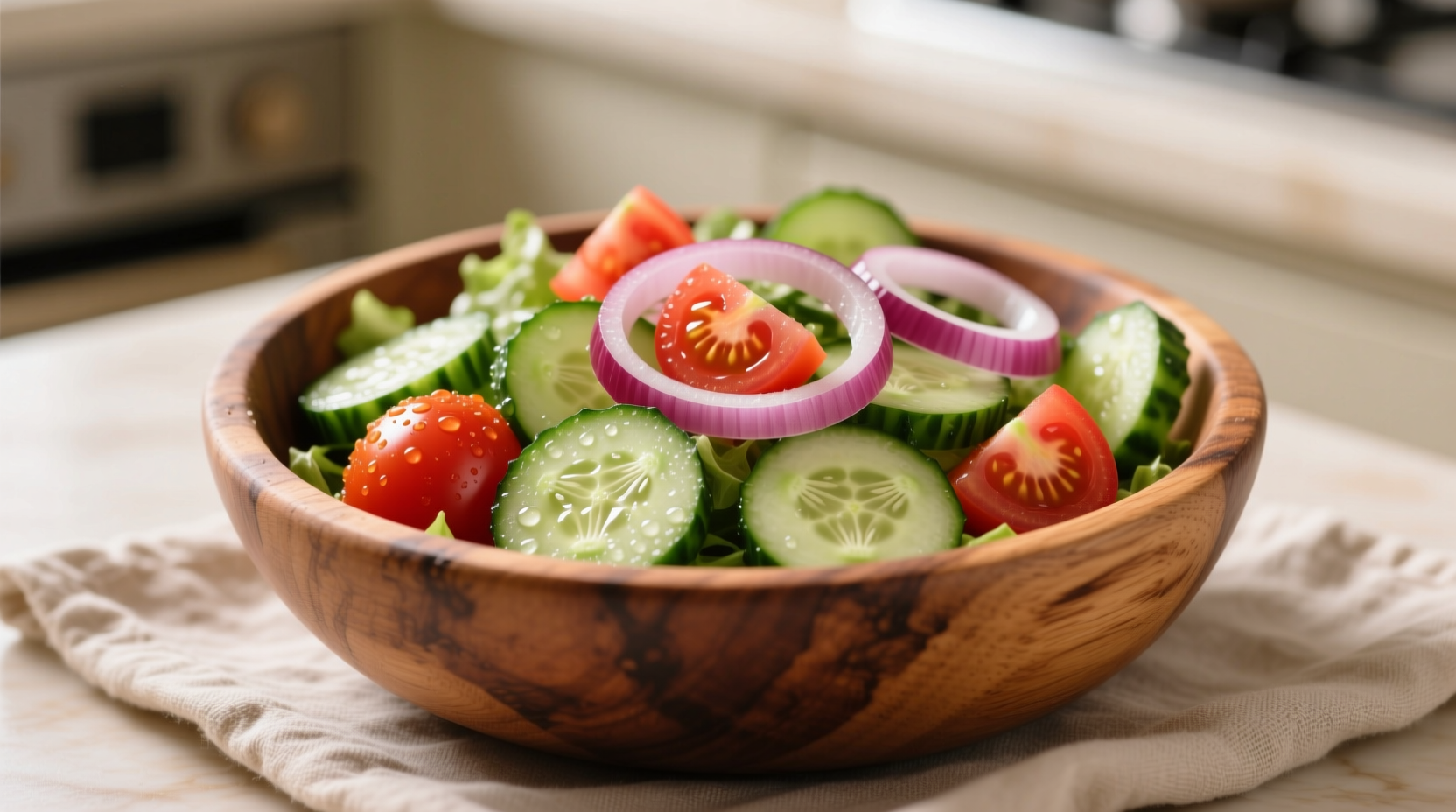 Fresh cucumber tomato onion salad in wooden bowl