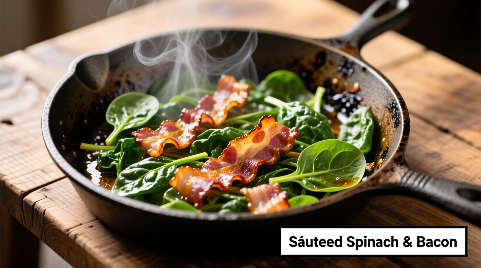 Spinach and bacon sauté in cast iron skillet