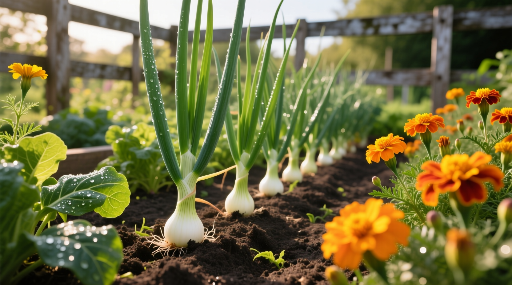 Onion plants growing alongside marigolds in garden bed