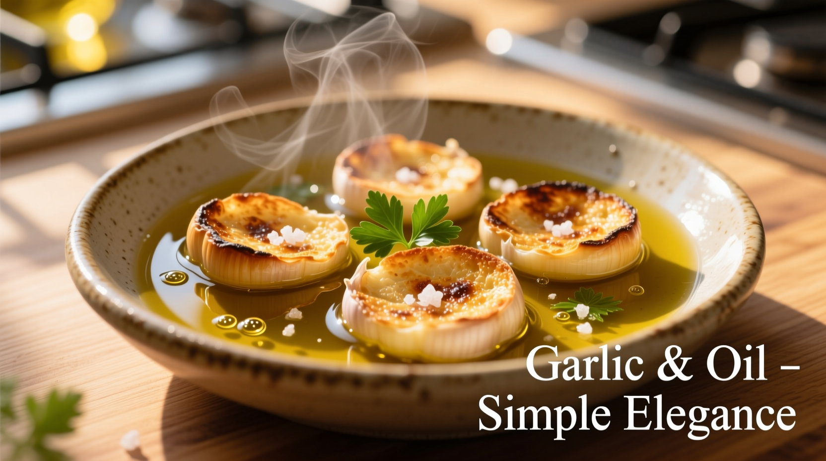 Golden toasted garlic slices in olive oil