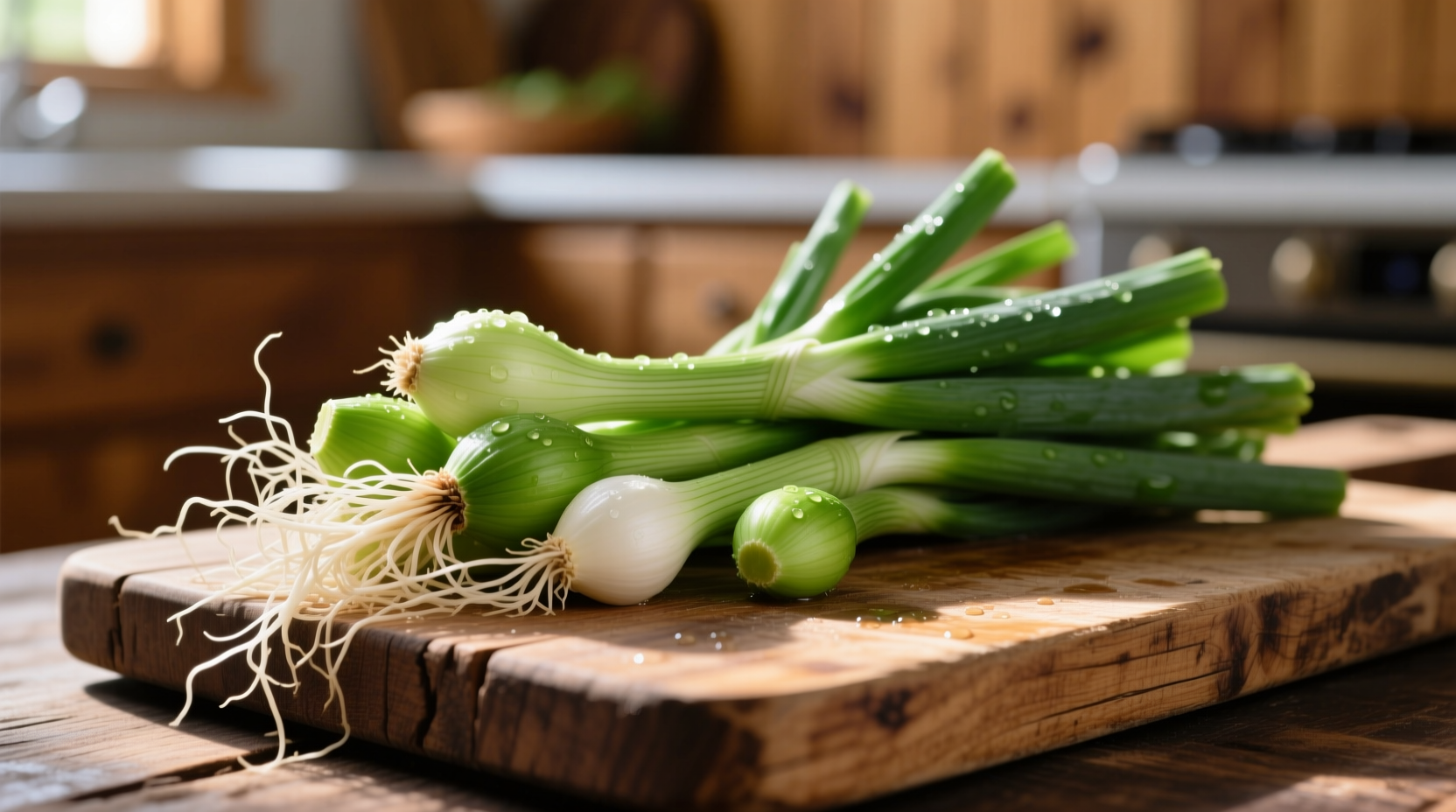 Fresh green garlic with roots attached on wooden cutting board