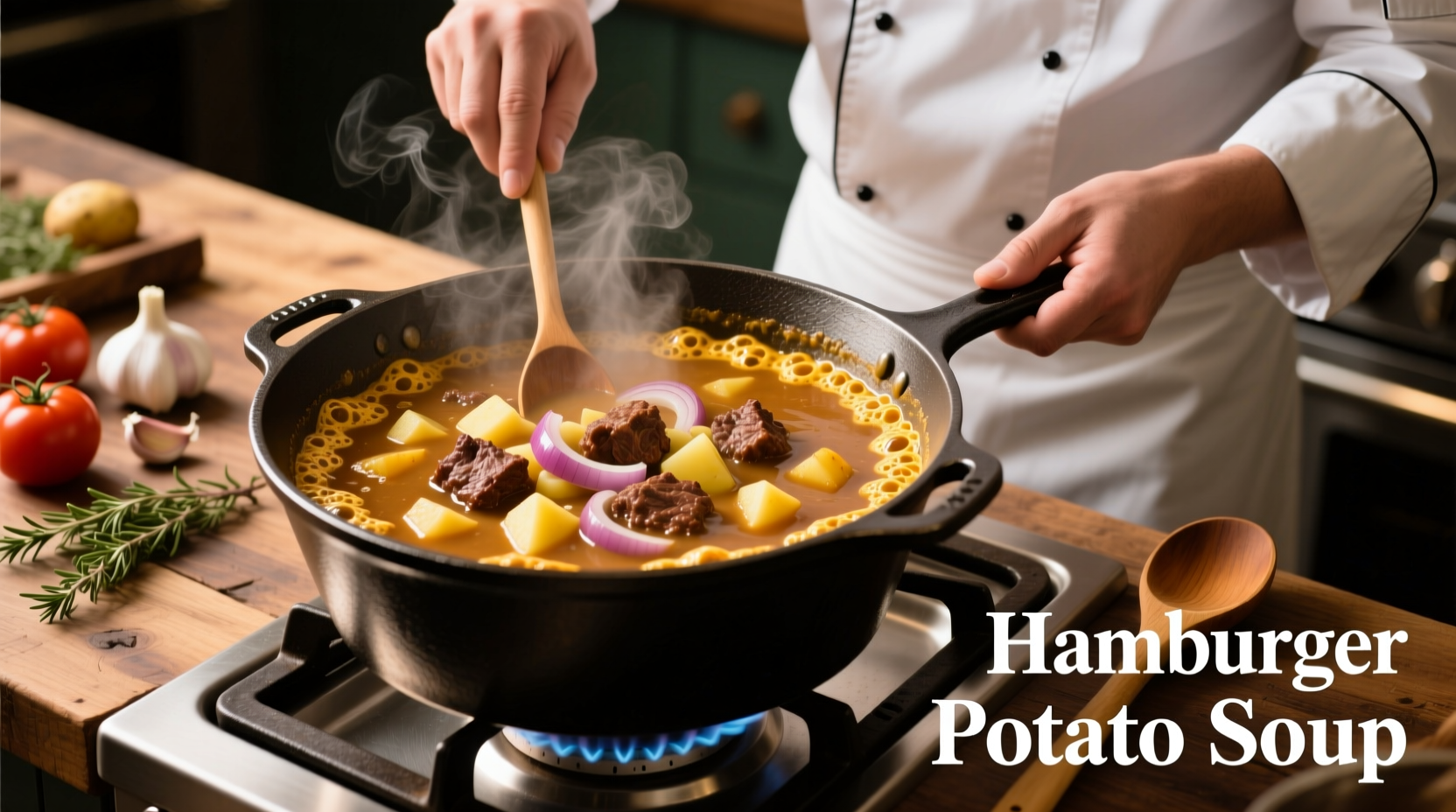 Chef preparing hamburger potato soup in cast iron pot