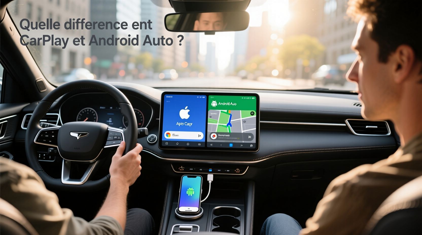 Side-by-side comparison of Apple CarPlay and Android Auto interfaces on a car touchscreen